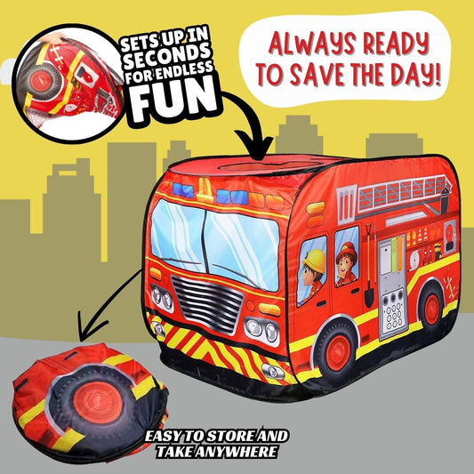 Liberty Imports fire truck pop-up tent open for spacious indoor and outdoor play.