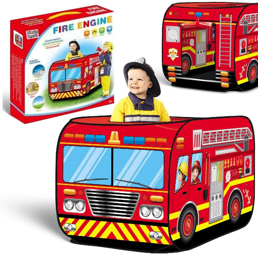 Liberty Imports fire truck pop-up tent packs compactly for travel and sleepovers.