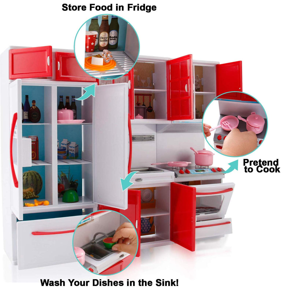 Liberty Imports Gourmet Red Doll Kitchen doors open for interactive exploration.