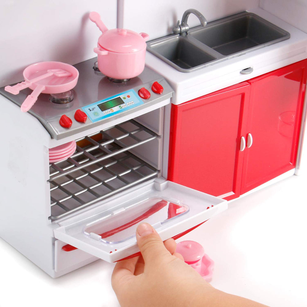 Liberty Imports Gourmet Red Doll Kitchen microwave light enhances realism.