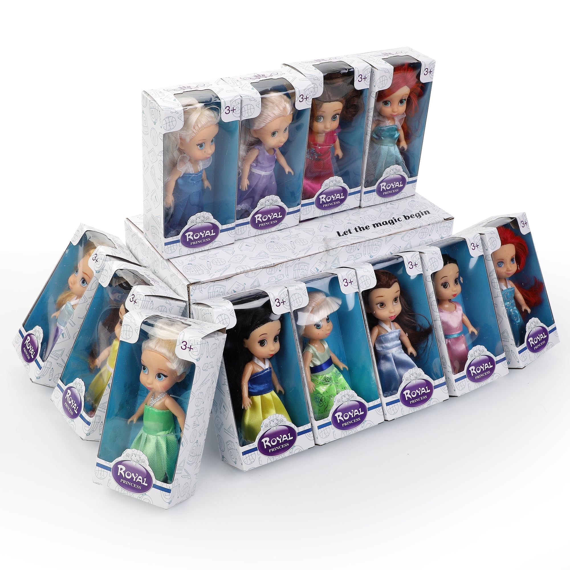 Sets of 12 mini princess dolls inspire imaginative storytelling.