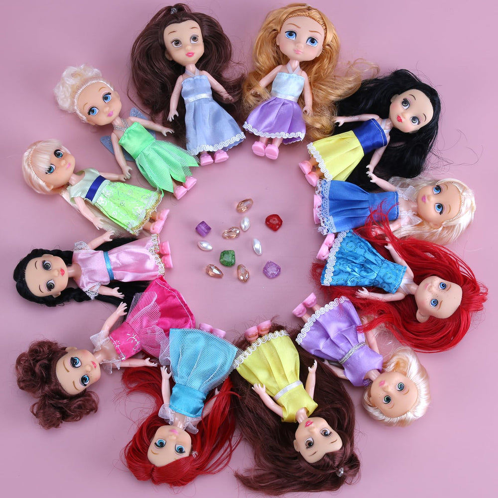 Princess dolls come with tiaras and shoes for complete outfit customization.