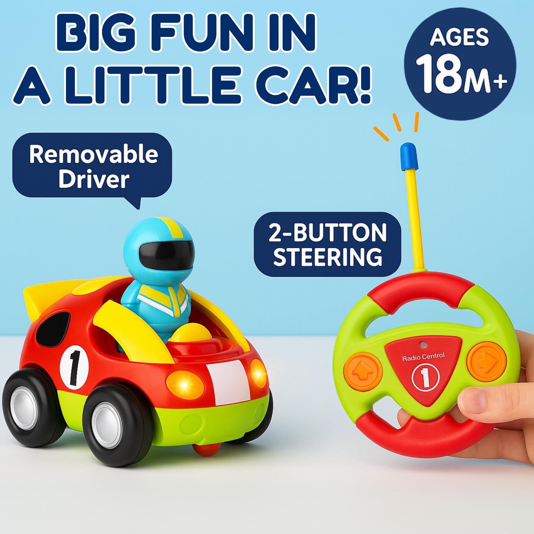 Liberty Imports My First Cartoon RC Car lights and sounds engage senses during play sessions.
