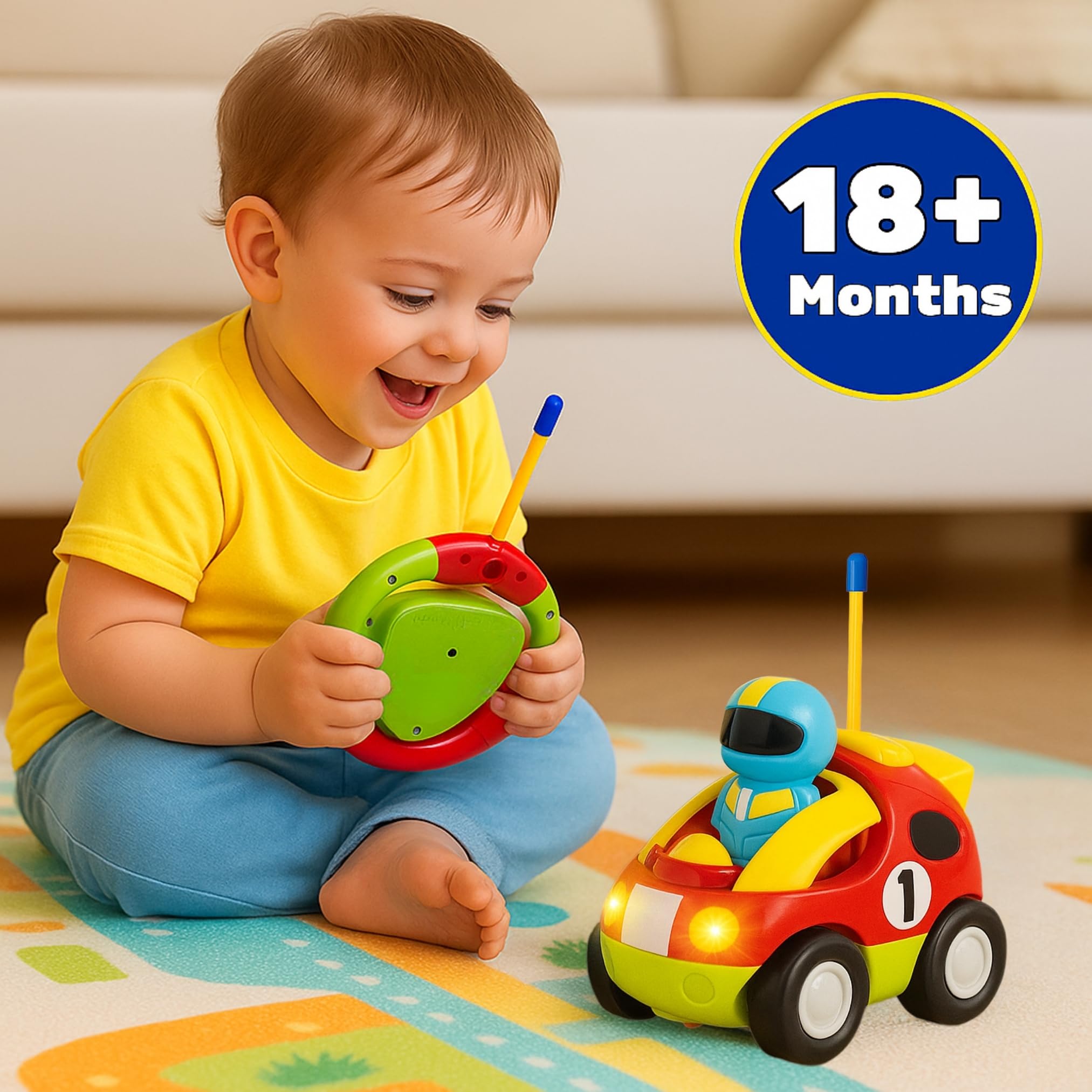 Liberty Imports My First Cartoon RC Car two-button remote enables intuitive forward and reverse moves.