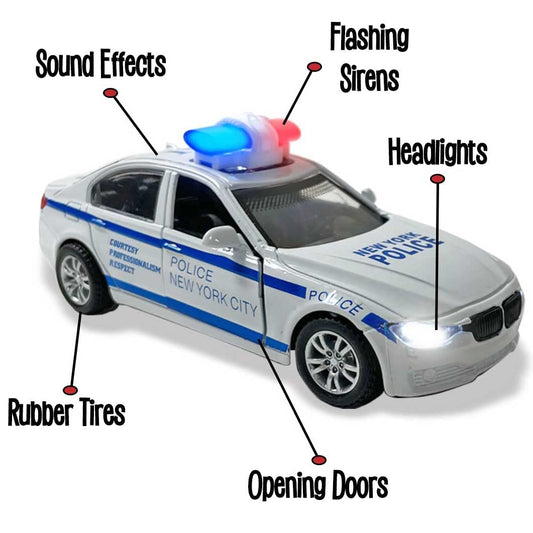 Liberty Imports NY police cars emit siren sounds for imaginative patrols.