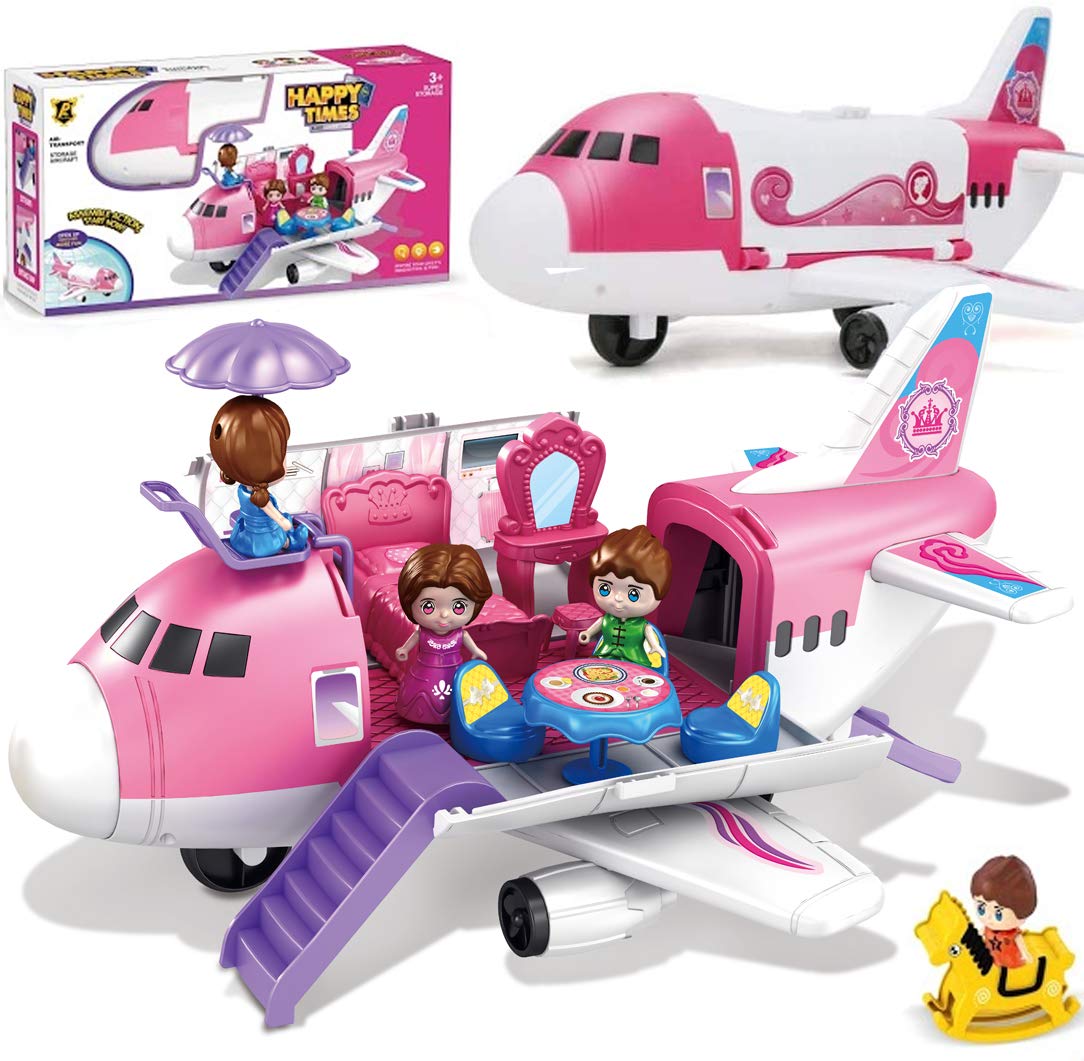 Liberty Imports pink airplane toy with figures for imaginative pretend play