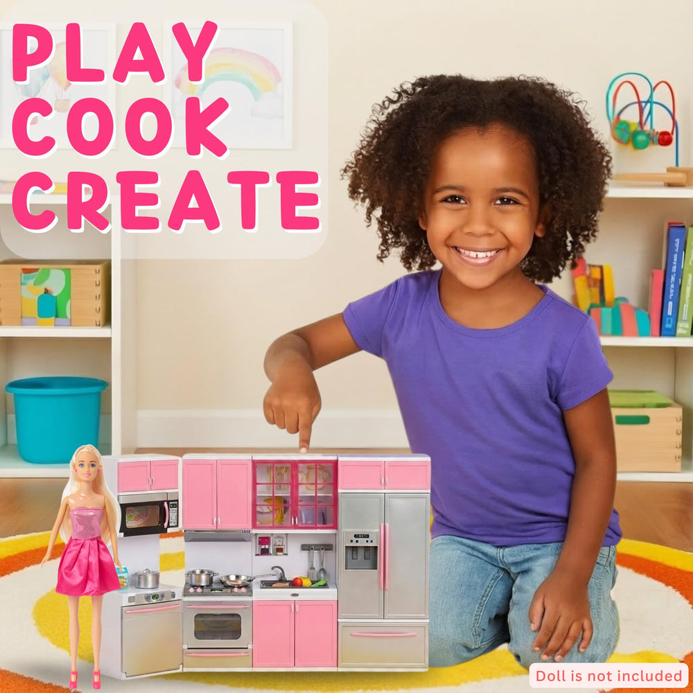 Liberty Imports pink doll kitchen open doors inviting hands-on kitchen action.