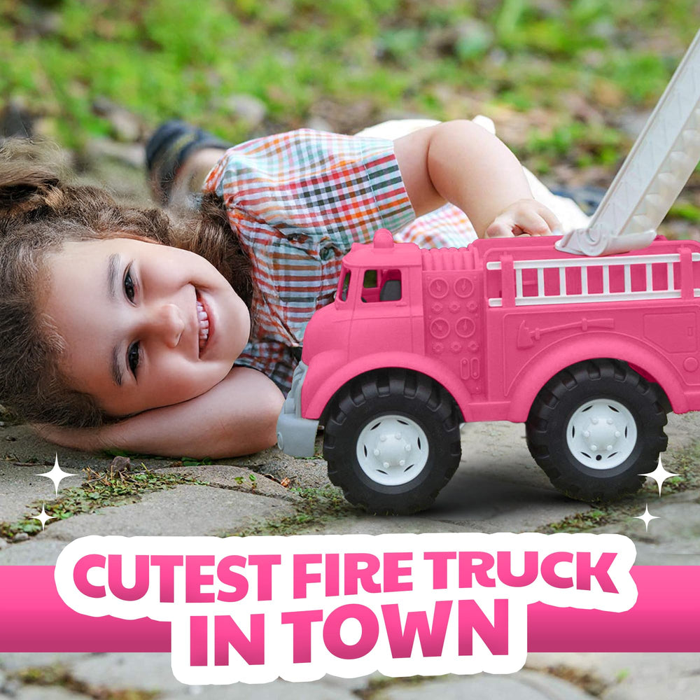 Pink fire truck roof ladder rotates for interactive pretend rescues and storytelling