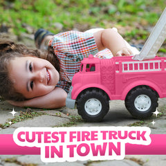 Pink fire truck roof ladder rotates for interactive pretend rescues and storytelling