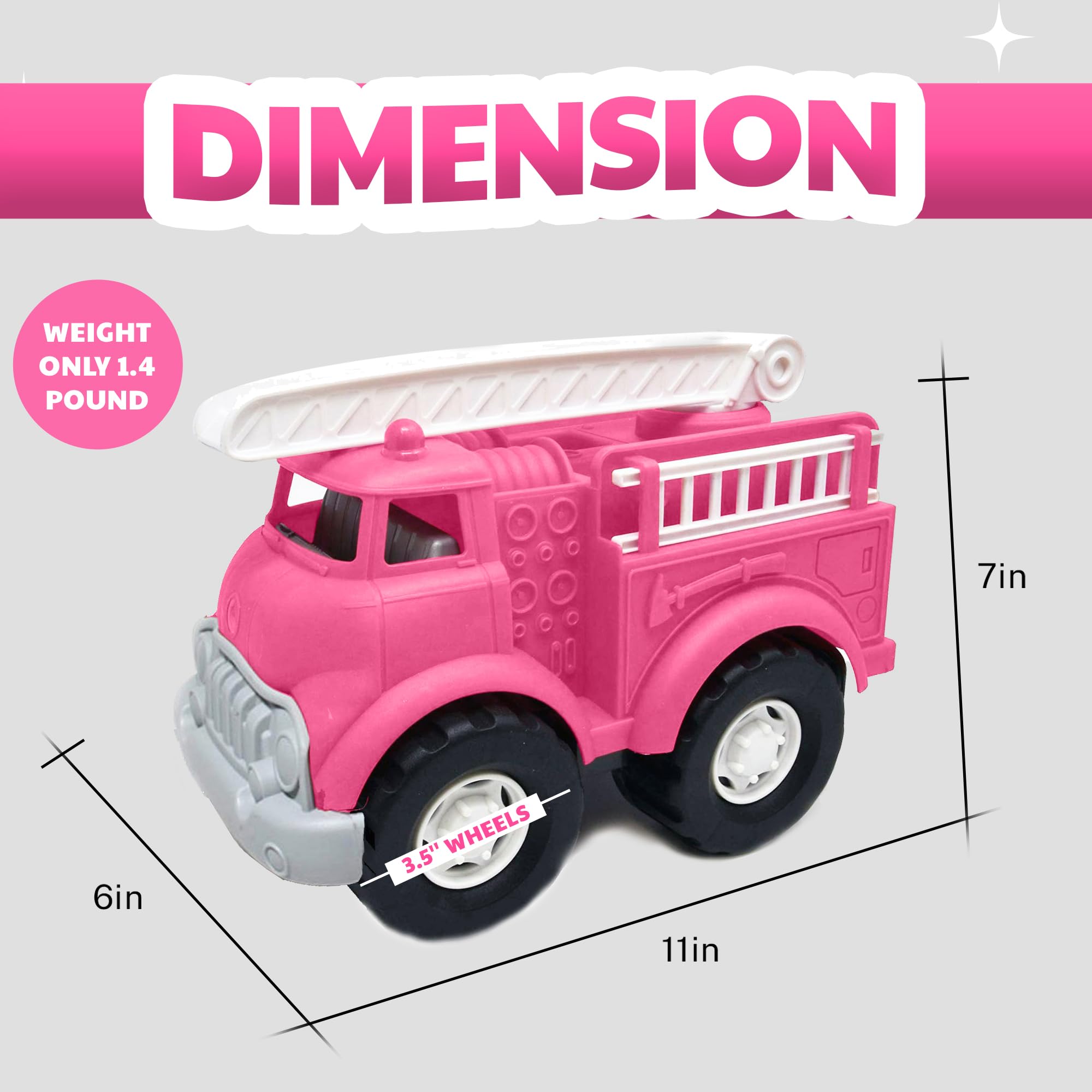Compact pink fire truck dimensions: 11x6x7 inches, easy for toddlers to handle
