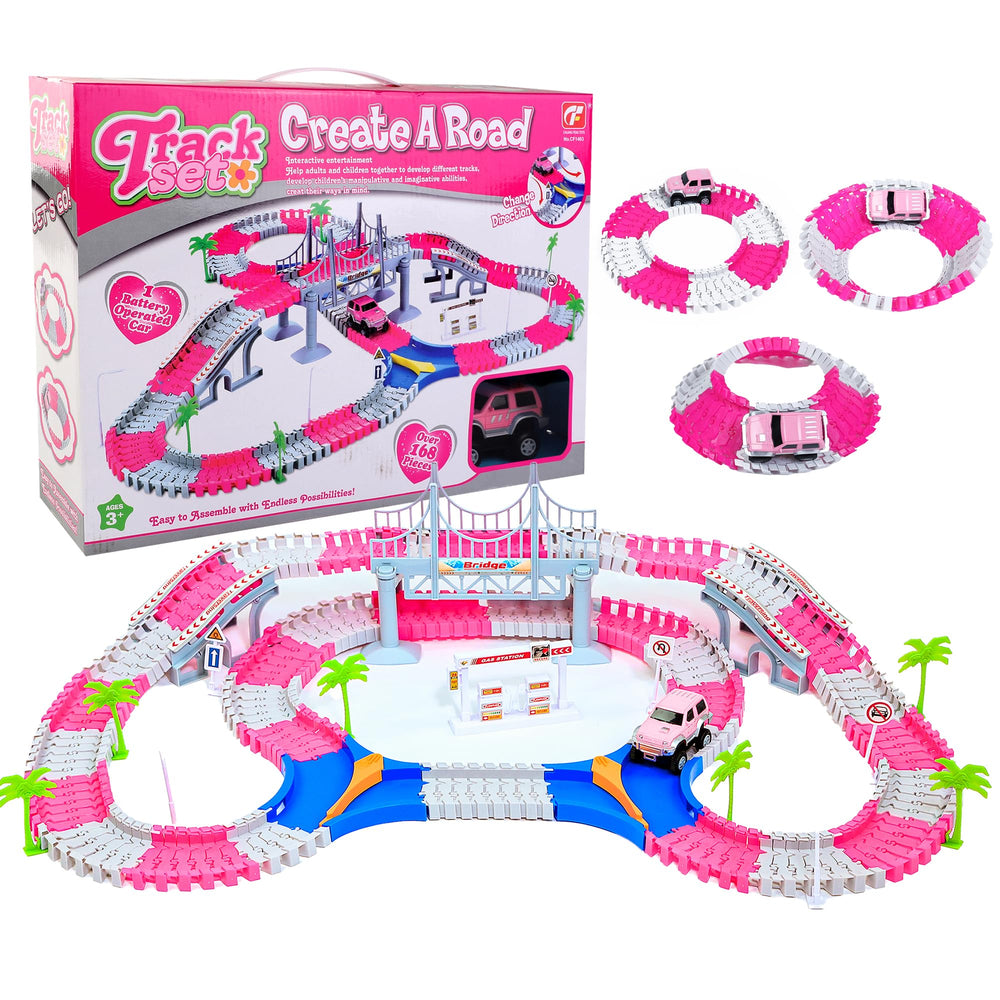 Liberty Imports Pink Magic Track Set packaging emphasizes quick setup and easy storage.