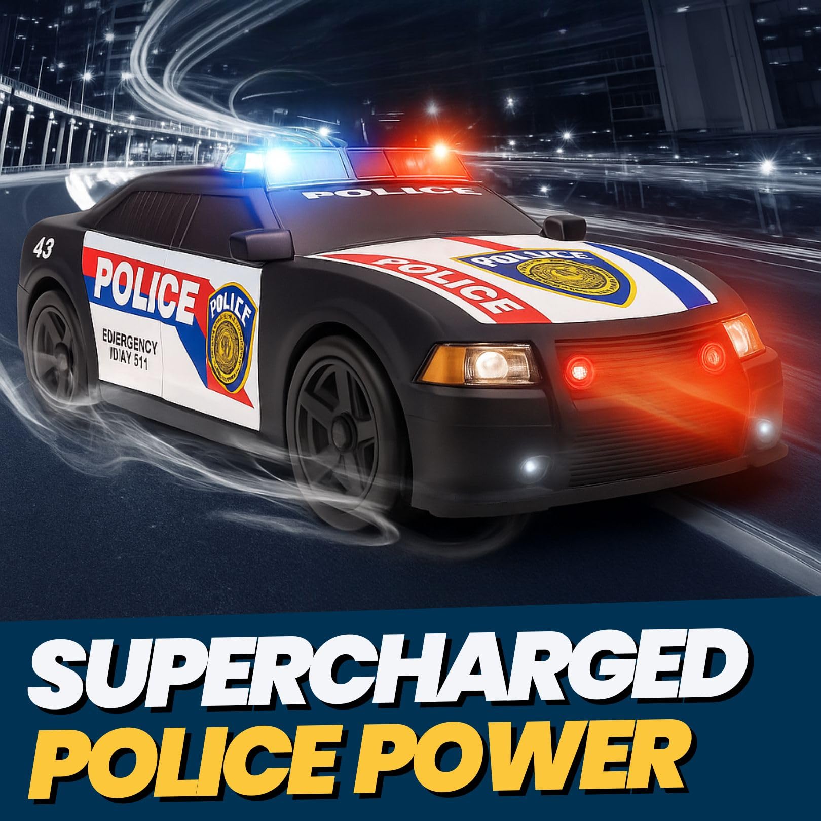 Liberty Imports police cruiser lights and siren illuminate pretend play.