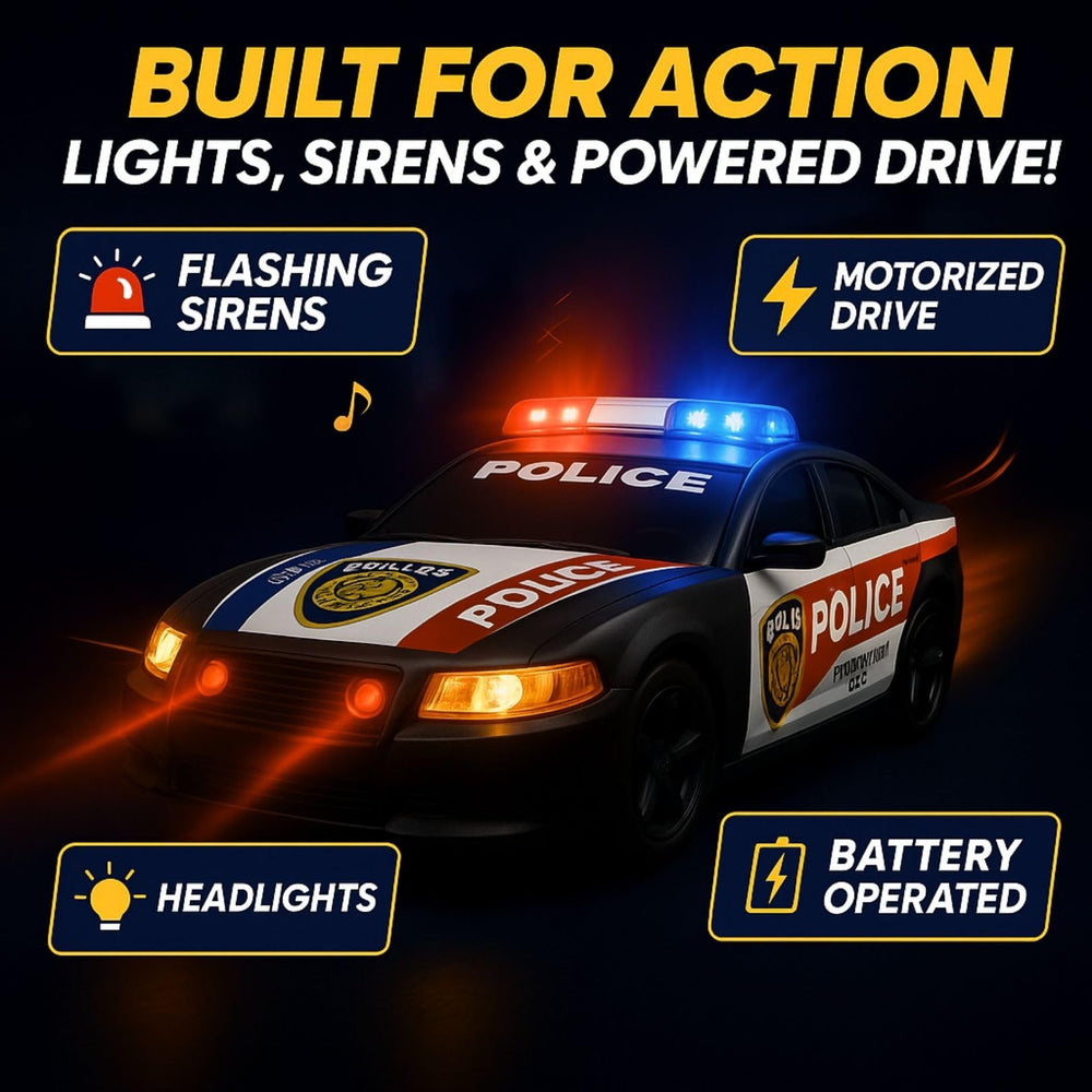 Liberty Imports police cruiser side view showing forward motion for dynamic play.