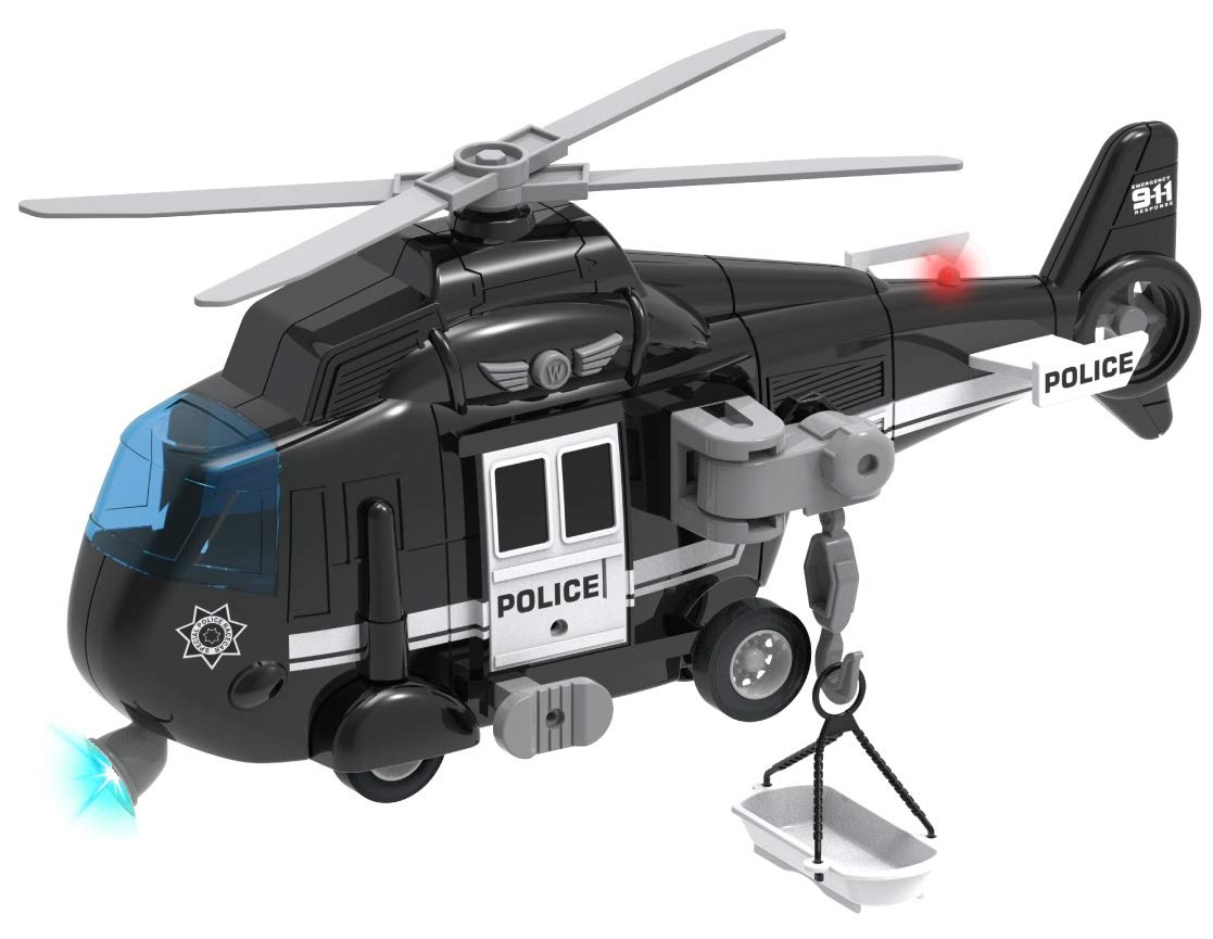 Liberty Imports police rescue helicopter front view with active lights for nighttime pretend rescue