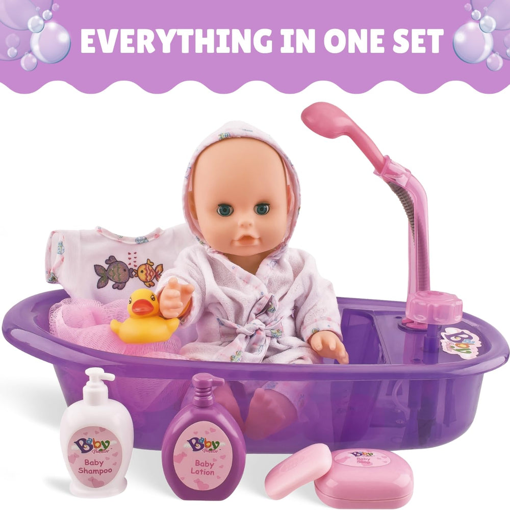 Pretend lotion, shampoo, and soap for lifelike care routines.