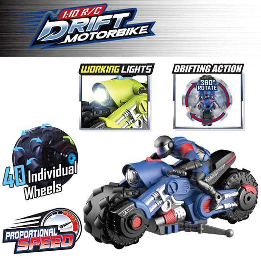 Liberty Imports RC Stunt Bike blue 360 degree spin wheels enabling drifts.