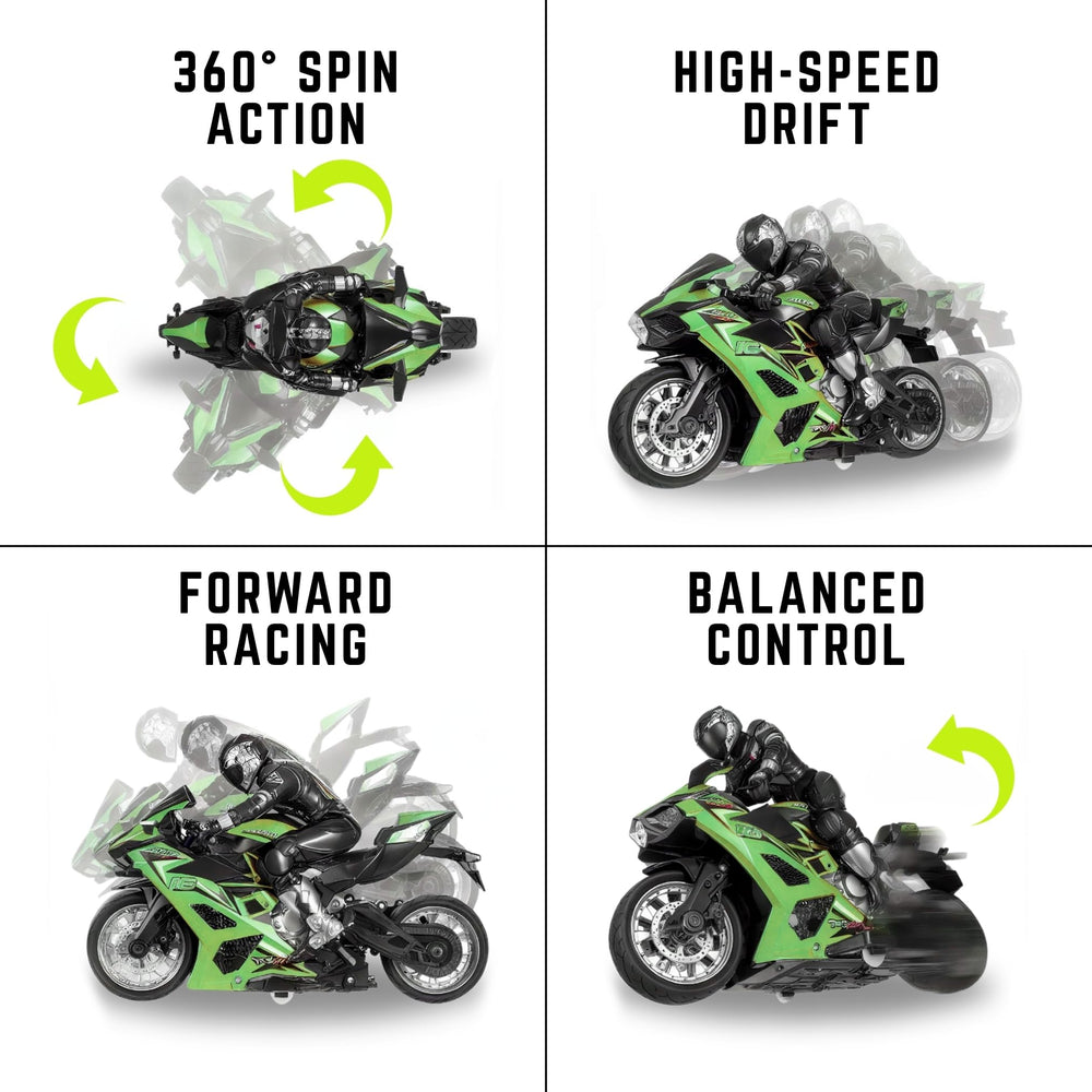 Liberty Imports RC stunt motorcycle performing 360 spin, ideal for stunt practice.