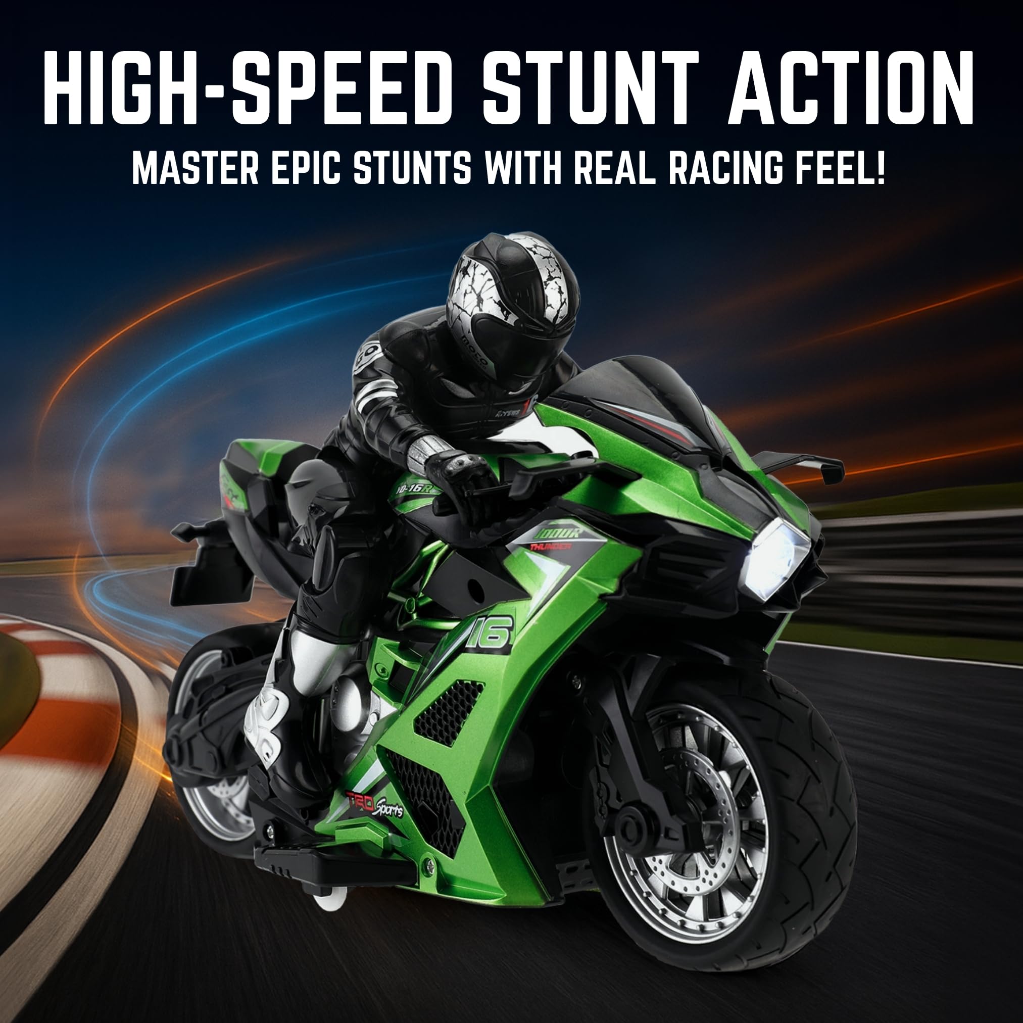 Liberty Imports RC stunt motorcycle in off-road setting, rugged terrain ready.