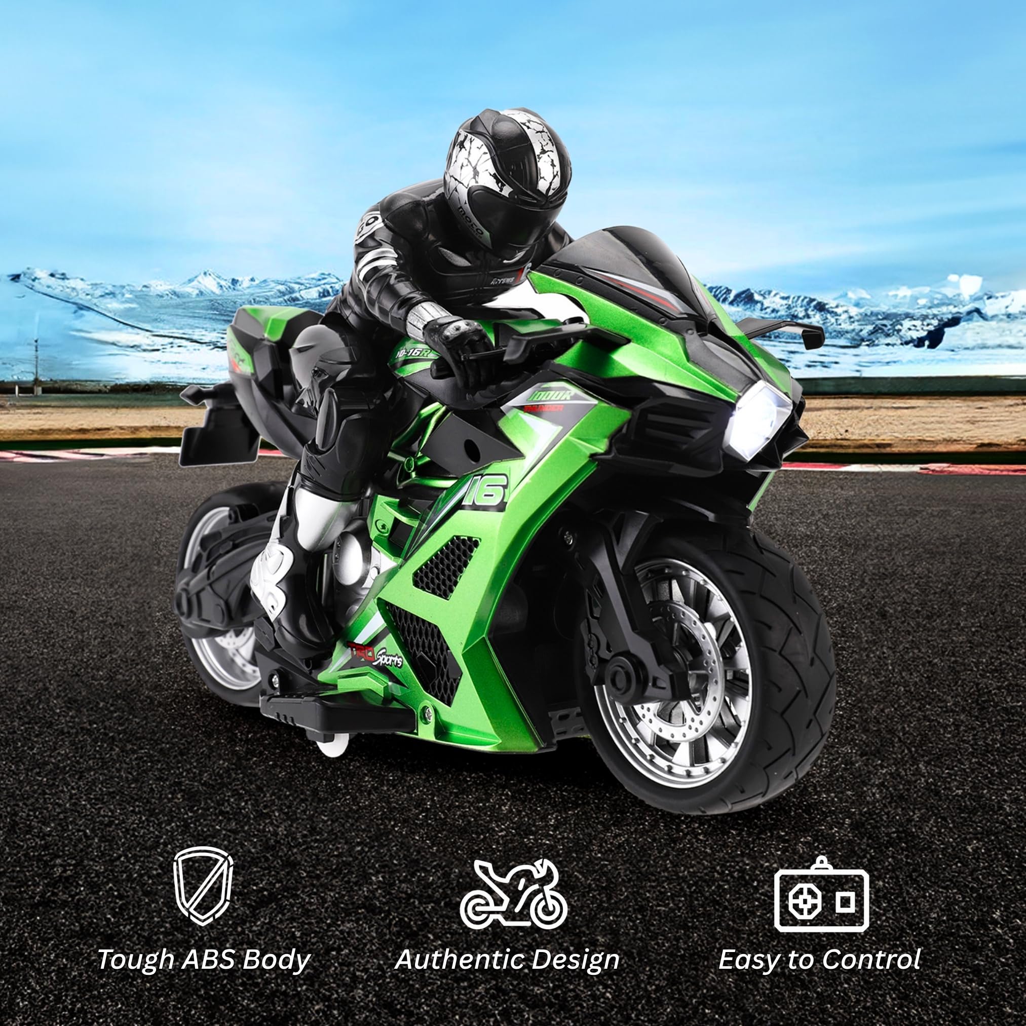 Liberty Imports RC stunt motorcycle with riding figure side view for interactive play.