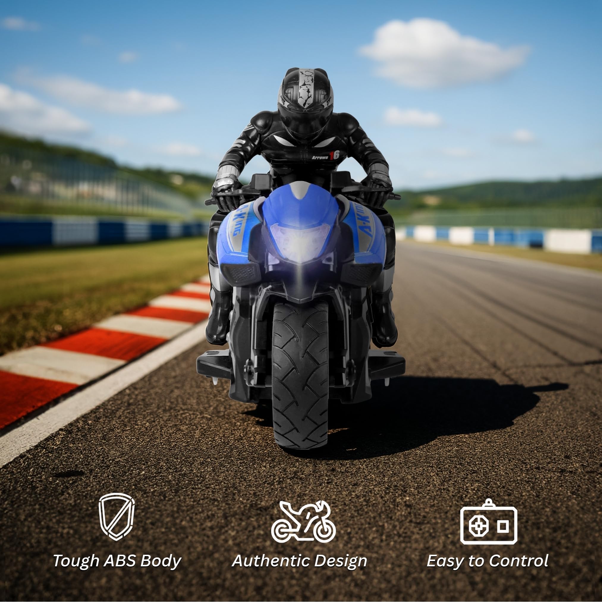Liberty Imports RC stunt motorcycle on rough terrain showcasing off-road durability.