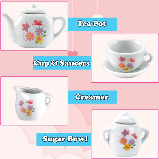 Liberty Imports rose flower tea set teacups ready for pretend tea parties.