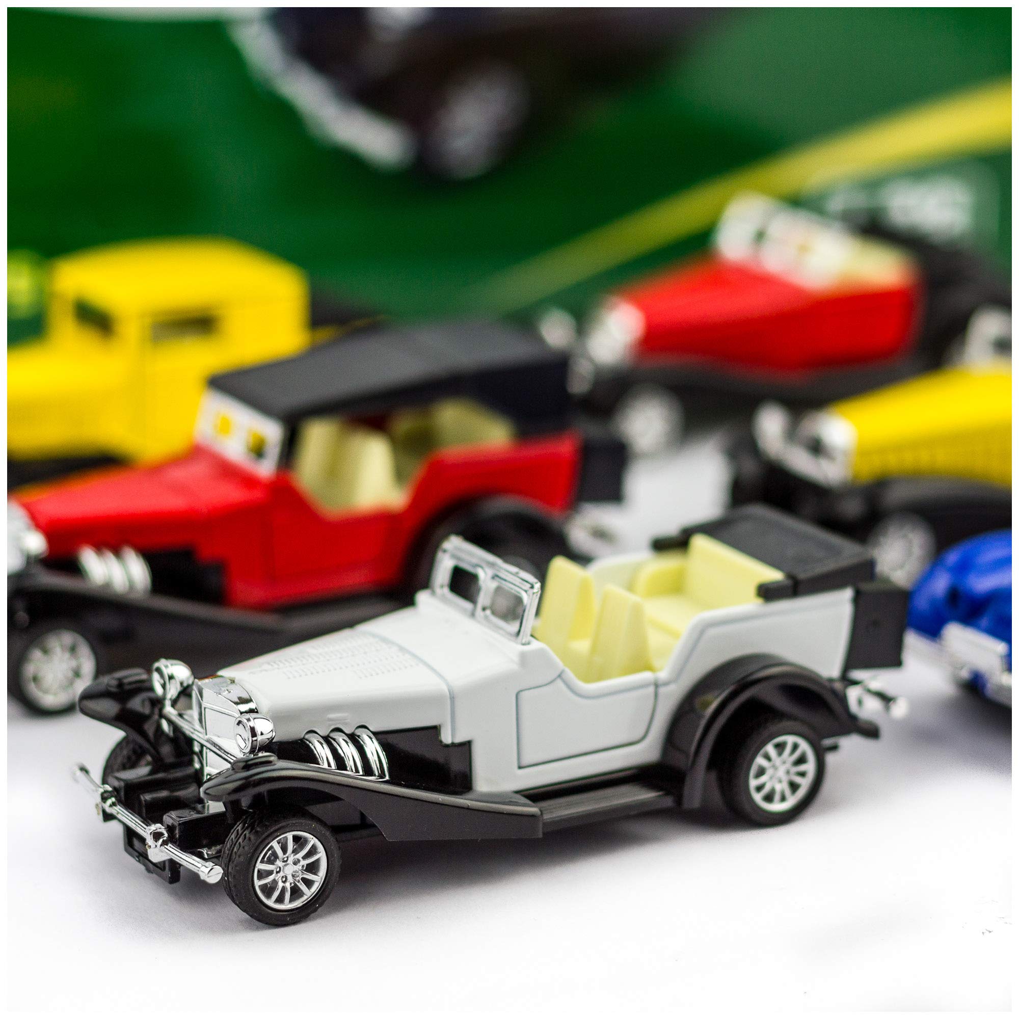 Vibrant retro colors enhance any display shelf.