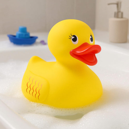 Floating yellow duck toy in water for pool, bathtub, or beach fun