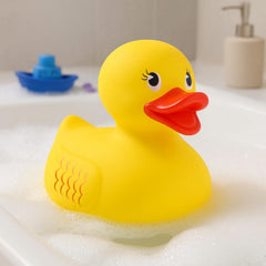 Floating yellow duck toy in water for pool, bathtub, or beach fun