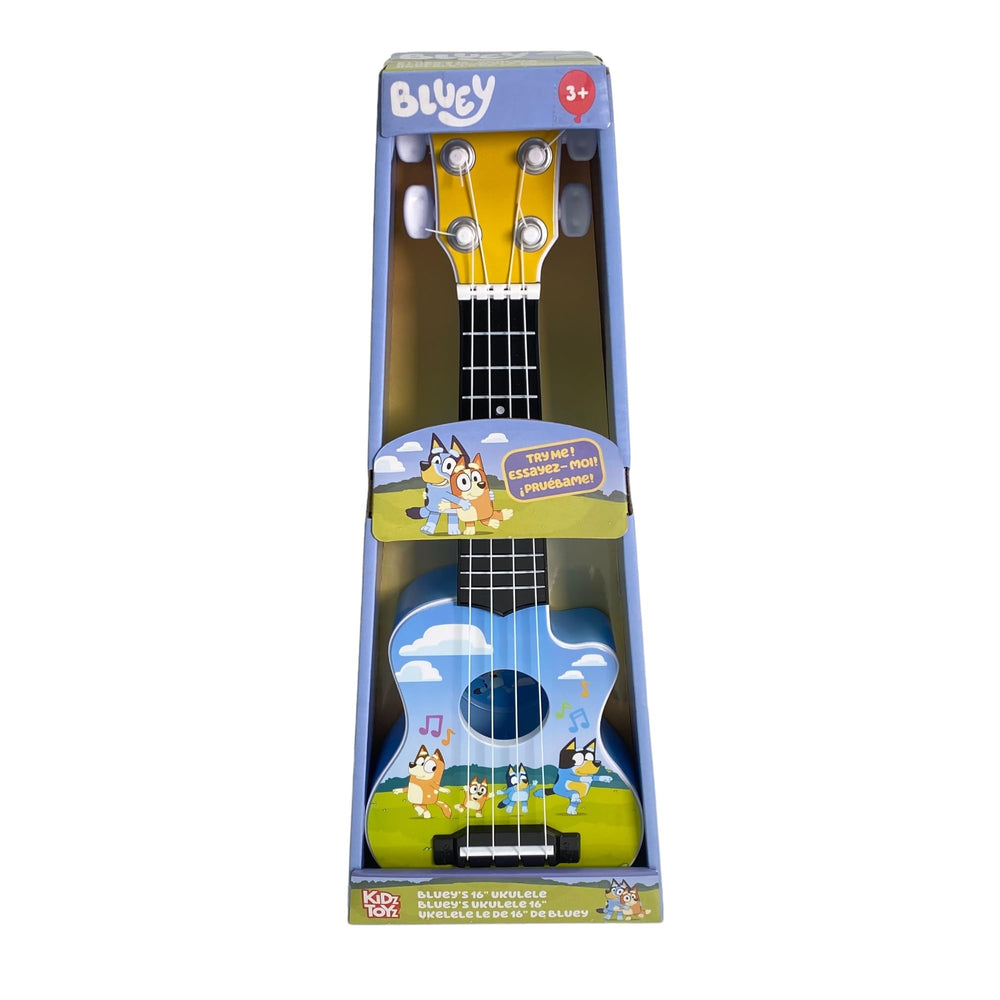 License 2 Play Bluey 16-inch ukulele front view, vibrant colors for young players
