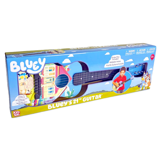Bluey 21-inch kids guitar side view shows portability for on the go practice and imaginative play.