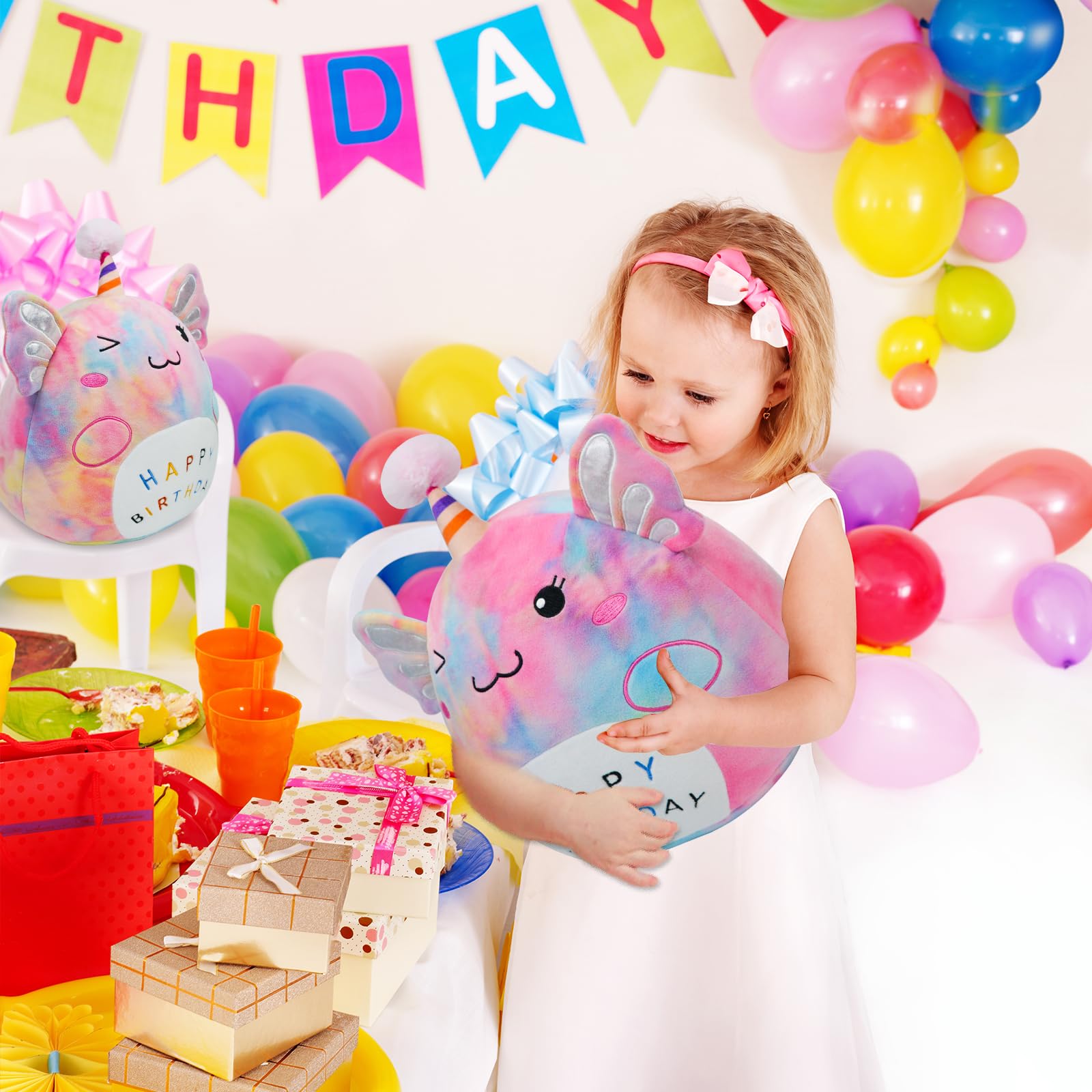 LICSOR Axolotl plush belly embroidery with Happy Birthday logo, festive design