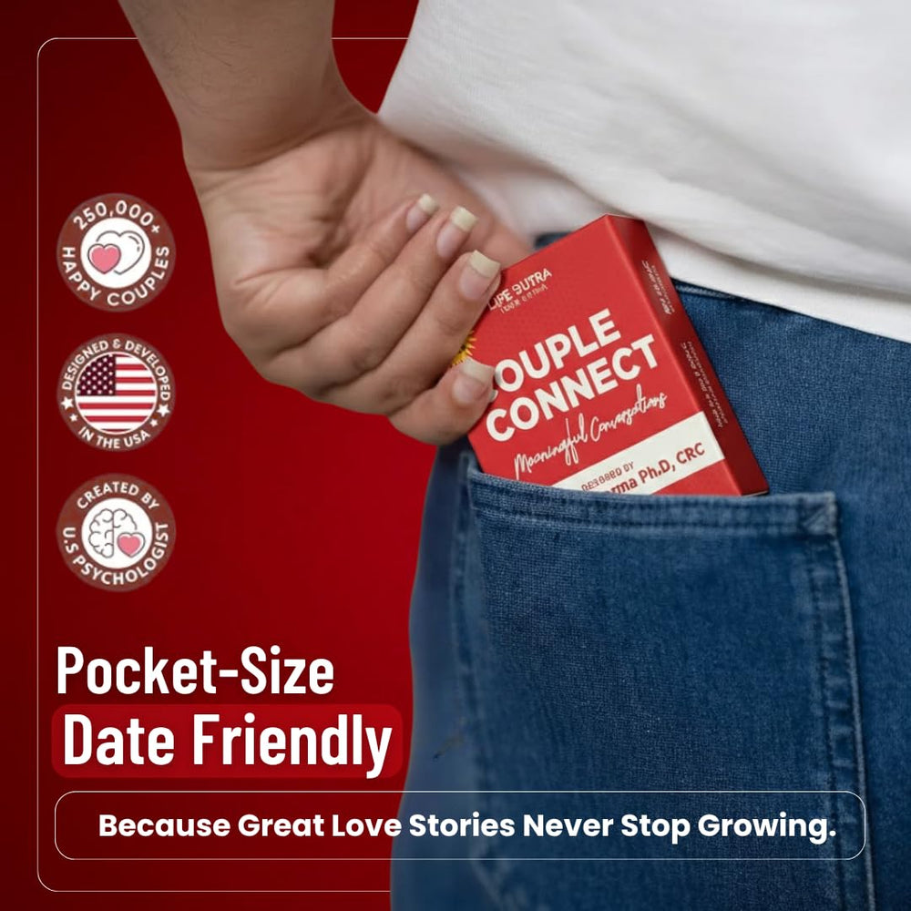 Two partners discussing prompts with Life Sutra Couple Connect cards.