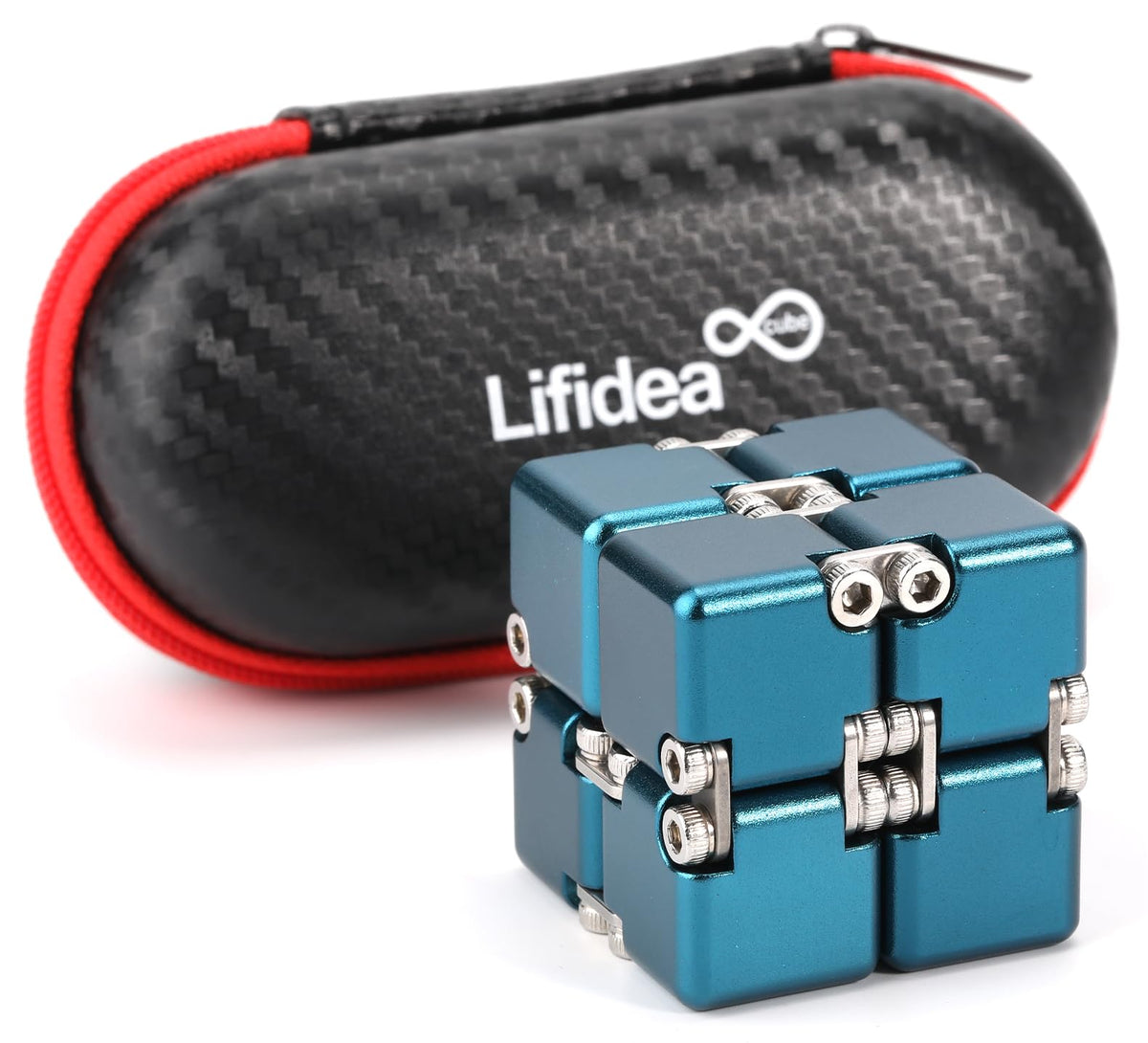 Lifidea infinity cube blue front view showing durable aluminum surface for tactile play