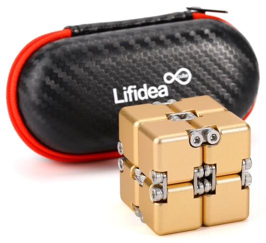 Lifidea Infinity Cube gold case: durable aluminum, tactile grip for stress relief and focus.
