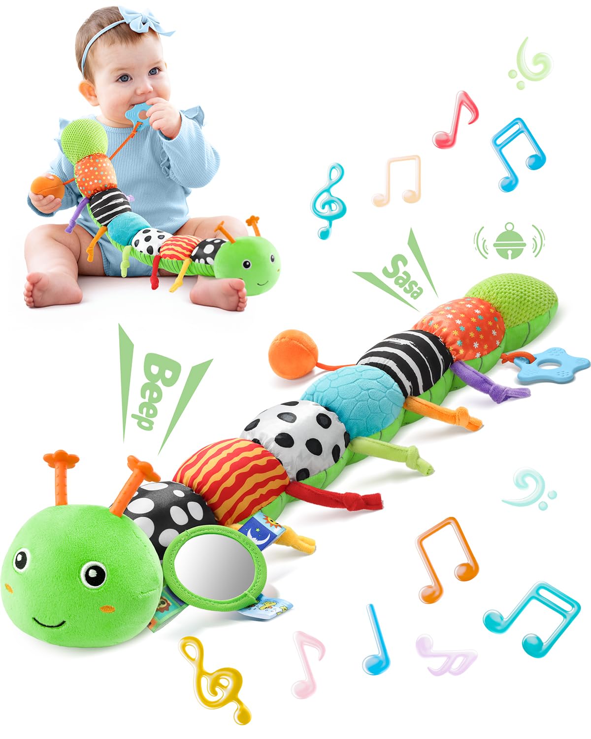 LIGHTDESIRE musical caterpillar head press for calming melody during tummy time.