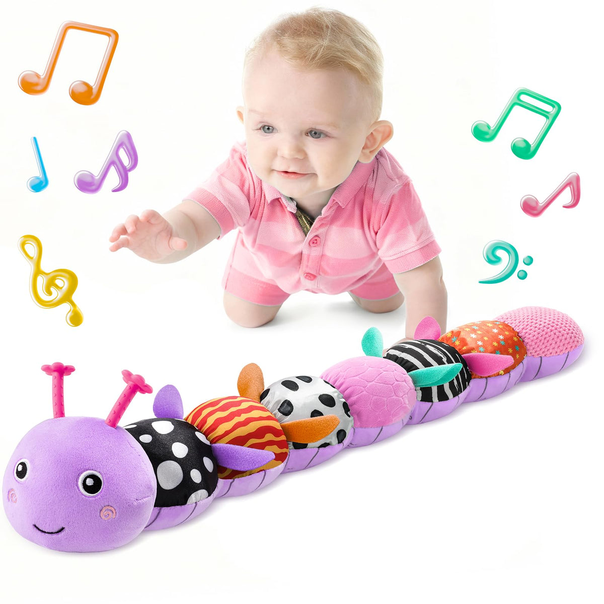 LIGHTDESIRE caterpillar head plays a calming melody during tummy time.