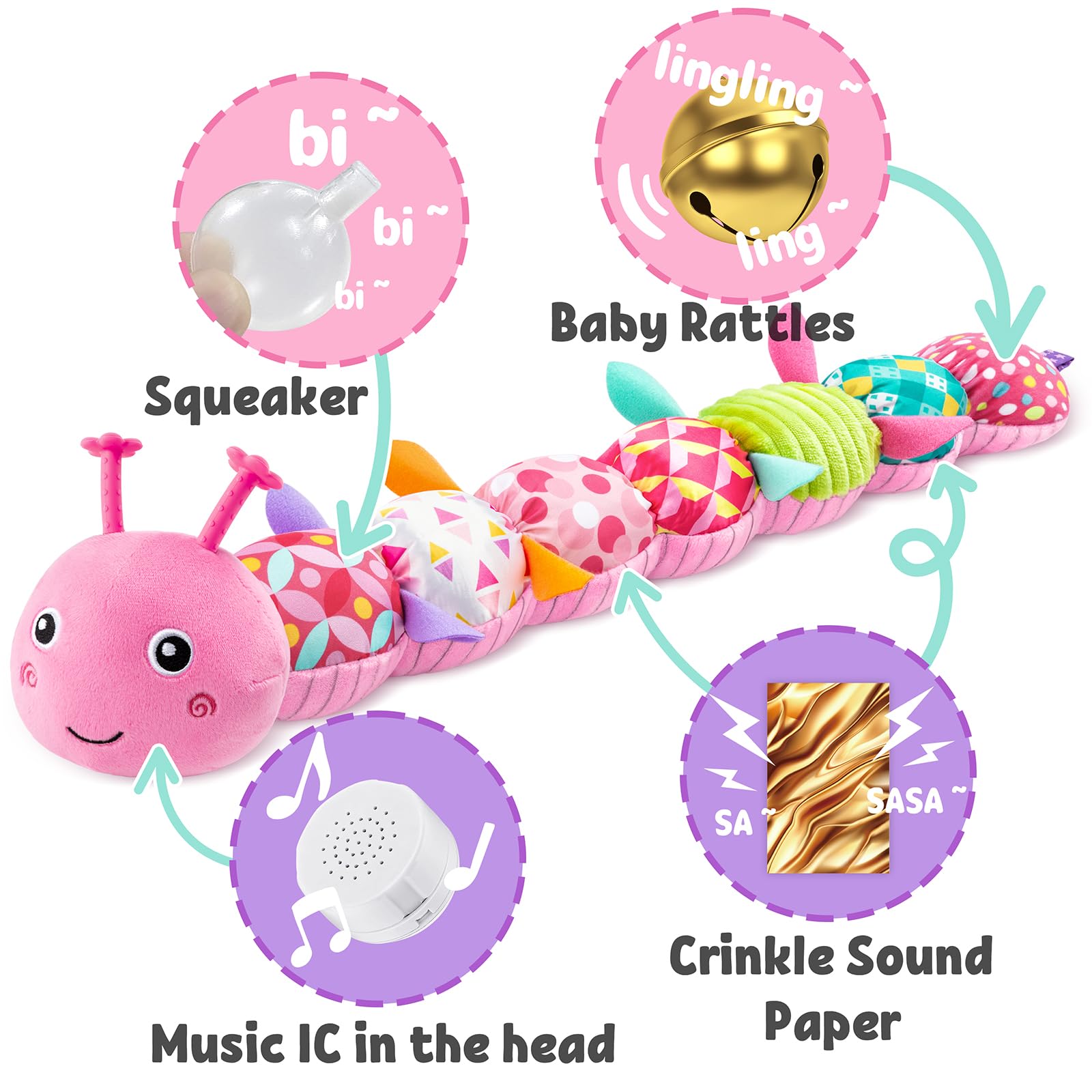 LightDESIRE soft plush caterpillar, safe BPA-free material for cozy cuddles.