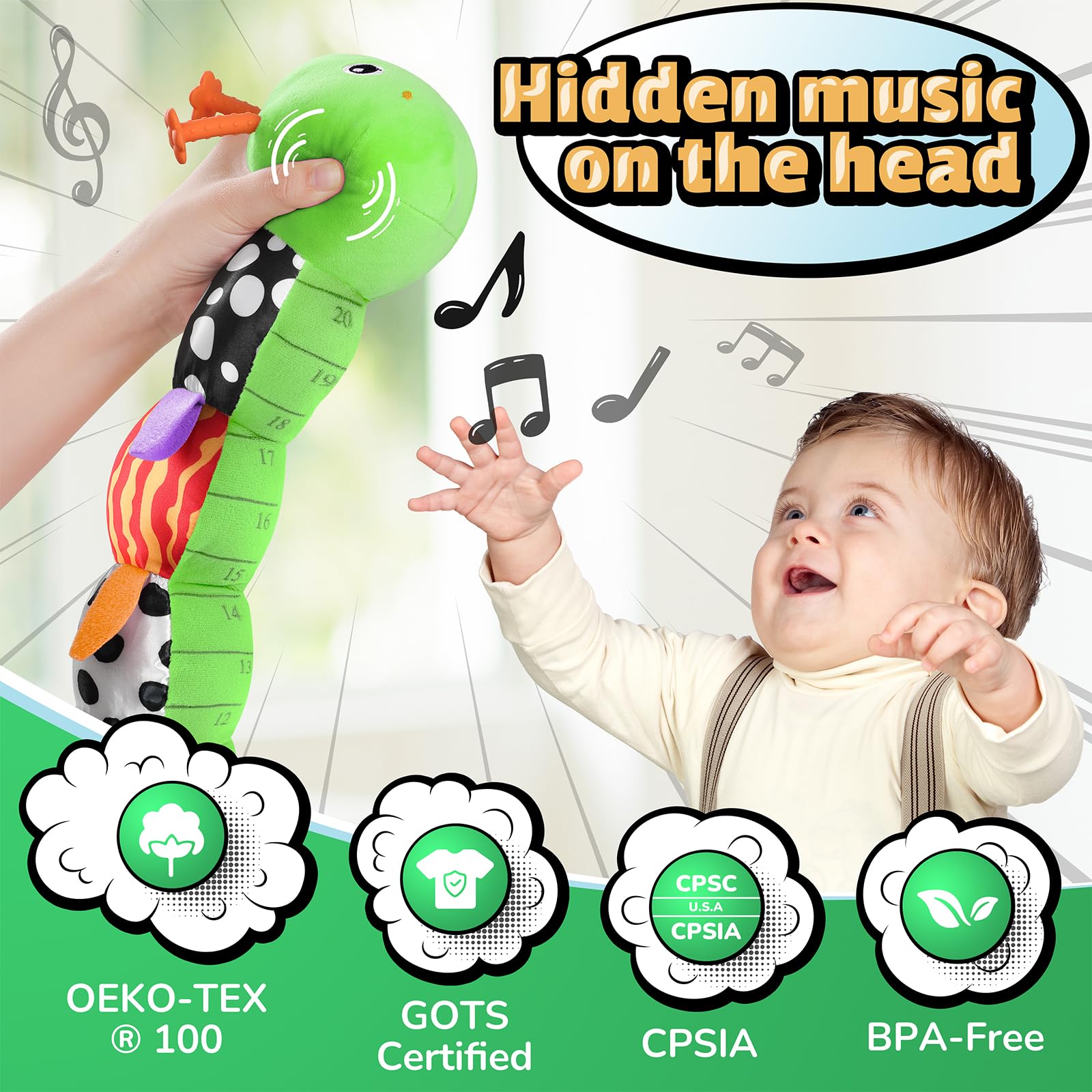 LIGHTDESIRE caterpillar belly ruler used to log growth during tummy time.