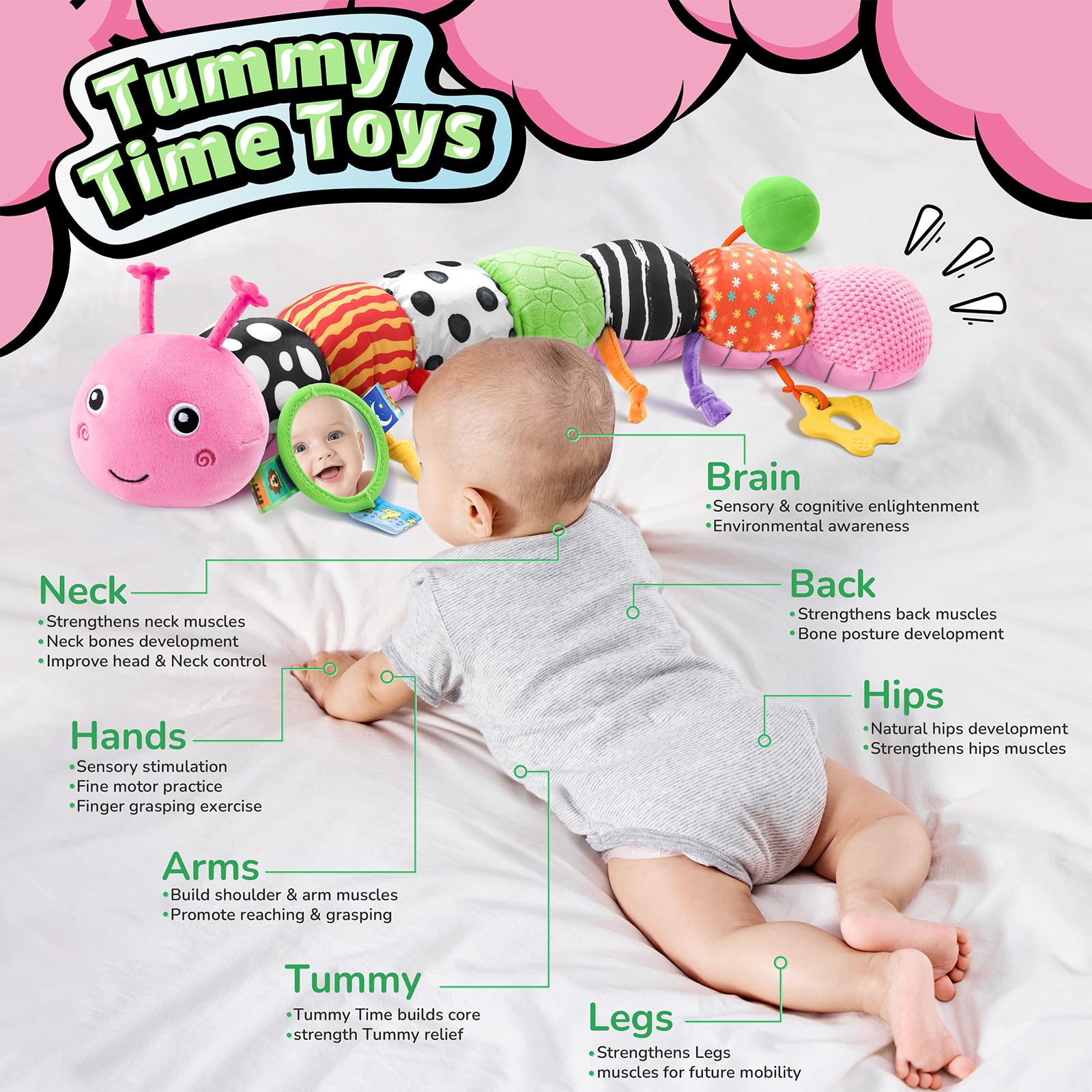 LightDESIRE caterpillar mirror promotes self-discovery and visual tracking during play.