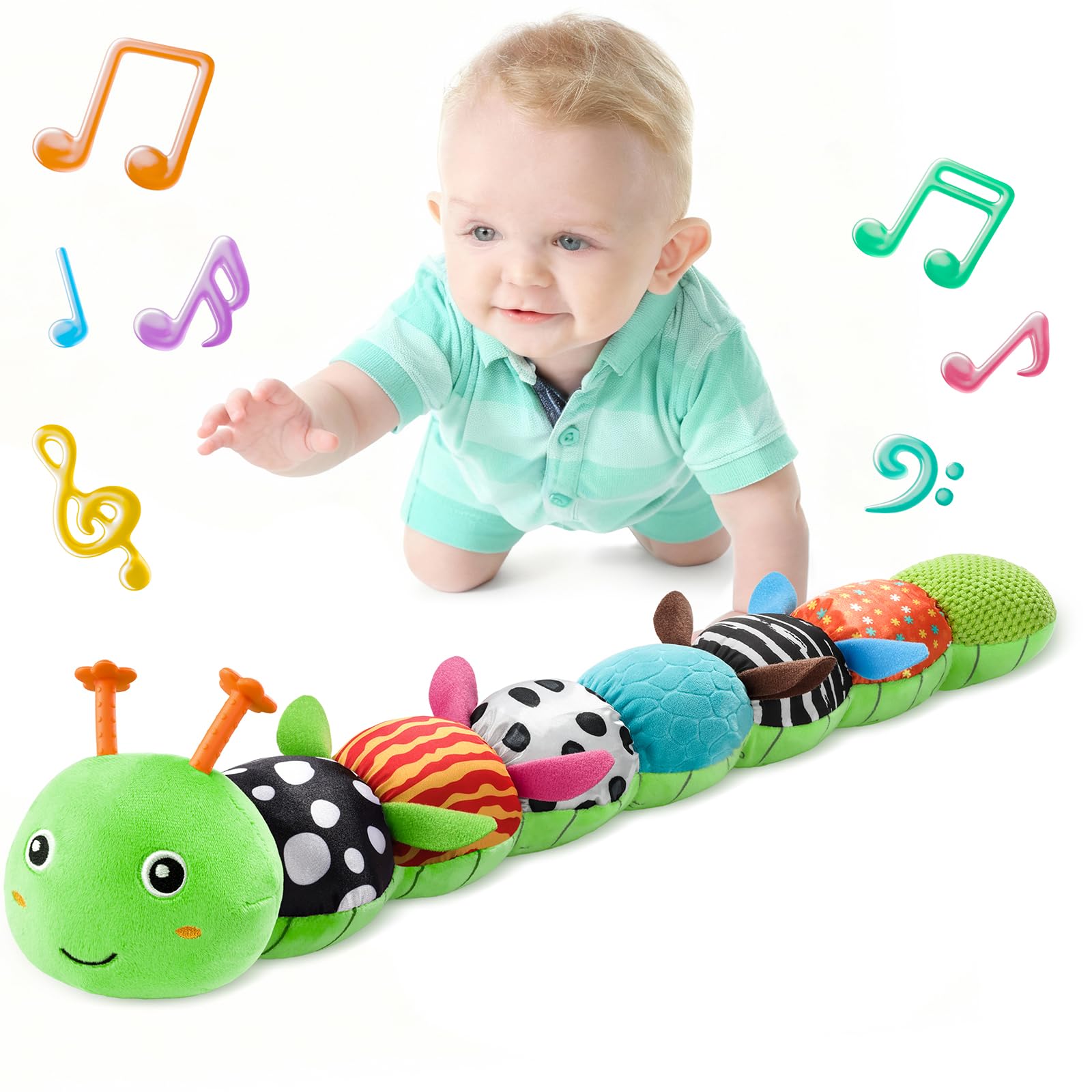LIGHTDESIRE musical caterpillar close-up shows 6-in-1 sensory play for tummy time.