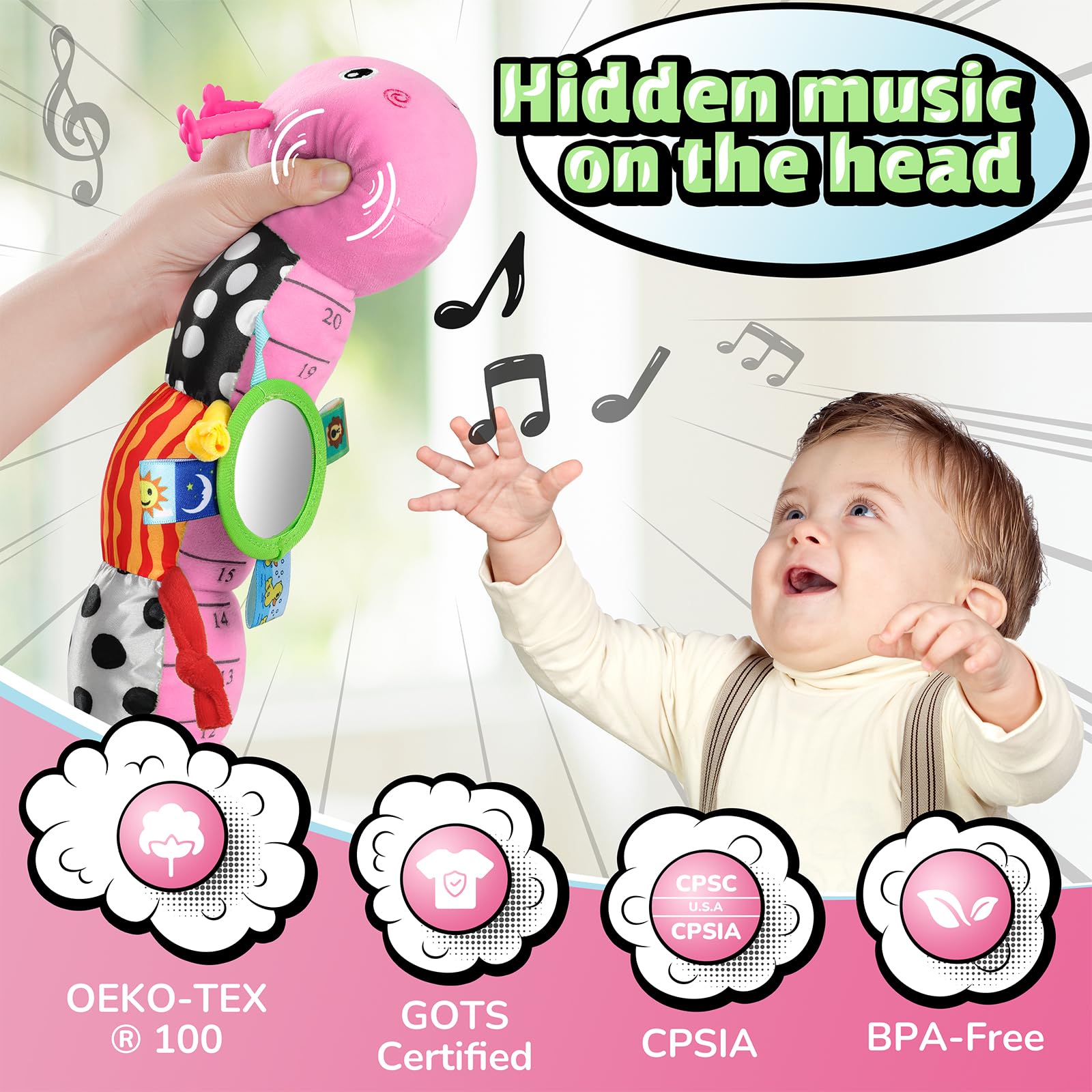 LightDESIRE caterpillar pull-string encourages fine motor play and cause-and-effect awareness.