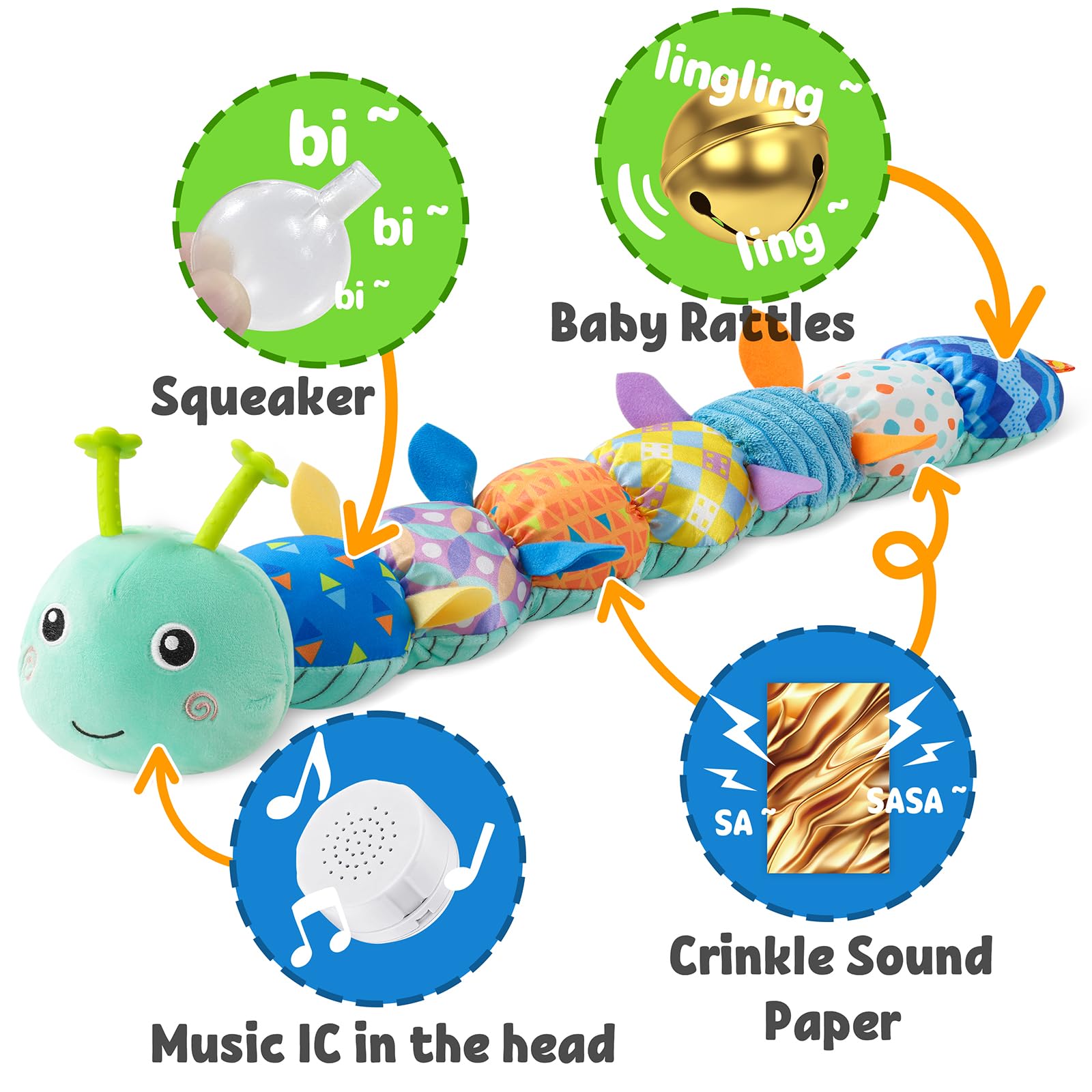 LIGHTDESIRE caterpillar rattle and bell stimulate auditory development.