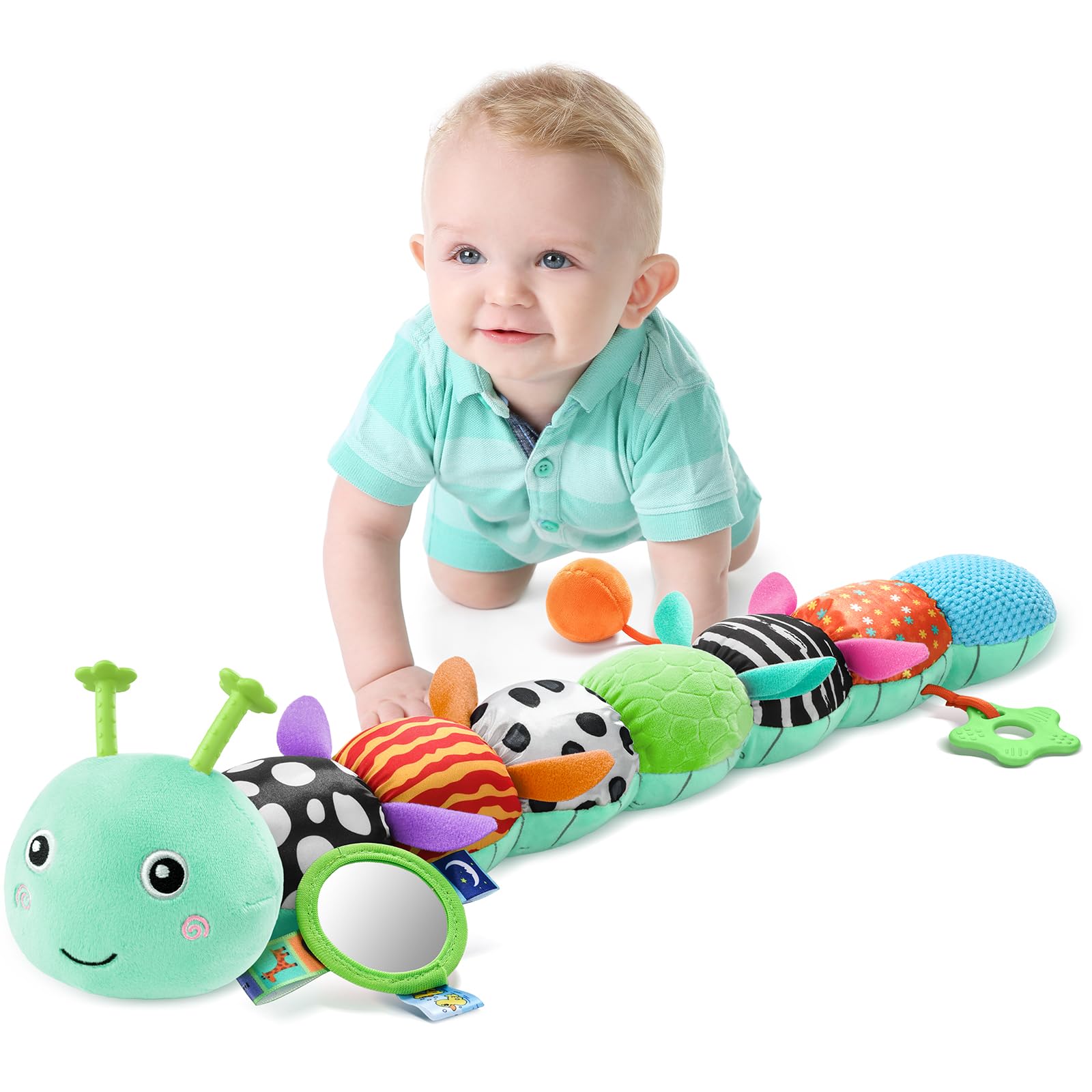 LIGHTDESIRE Musical Caterpillar head melody gently soothes a newborn during tummy time.