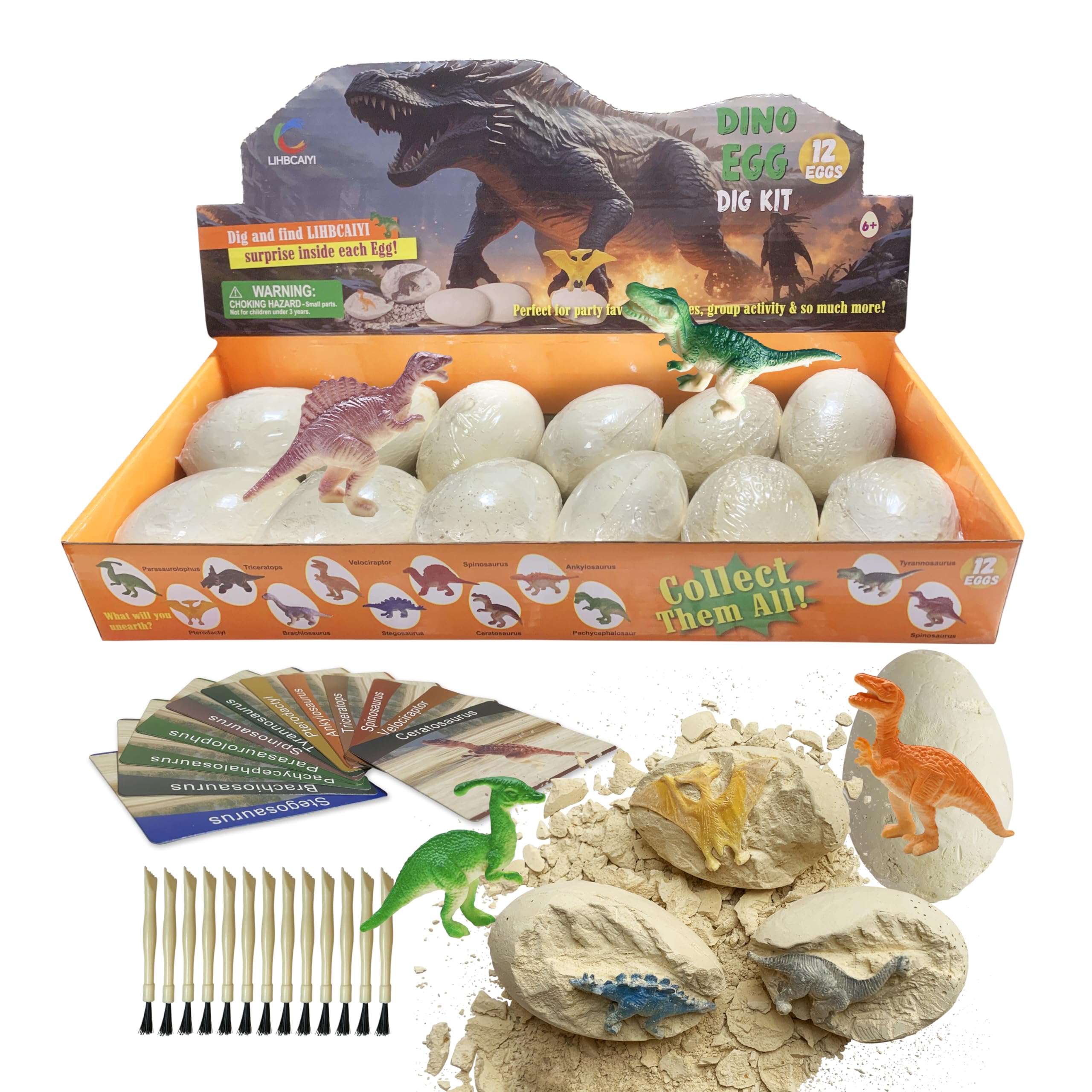 LIHBCAIYI Dino Eggs Dig Kit box showing contents for hands-on learning.
