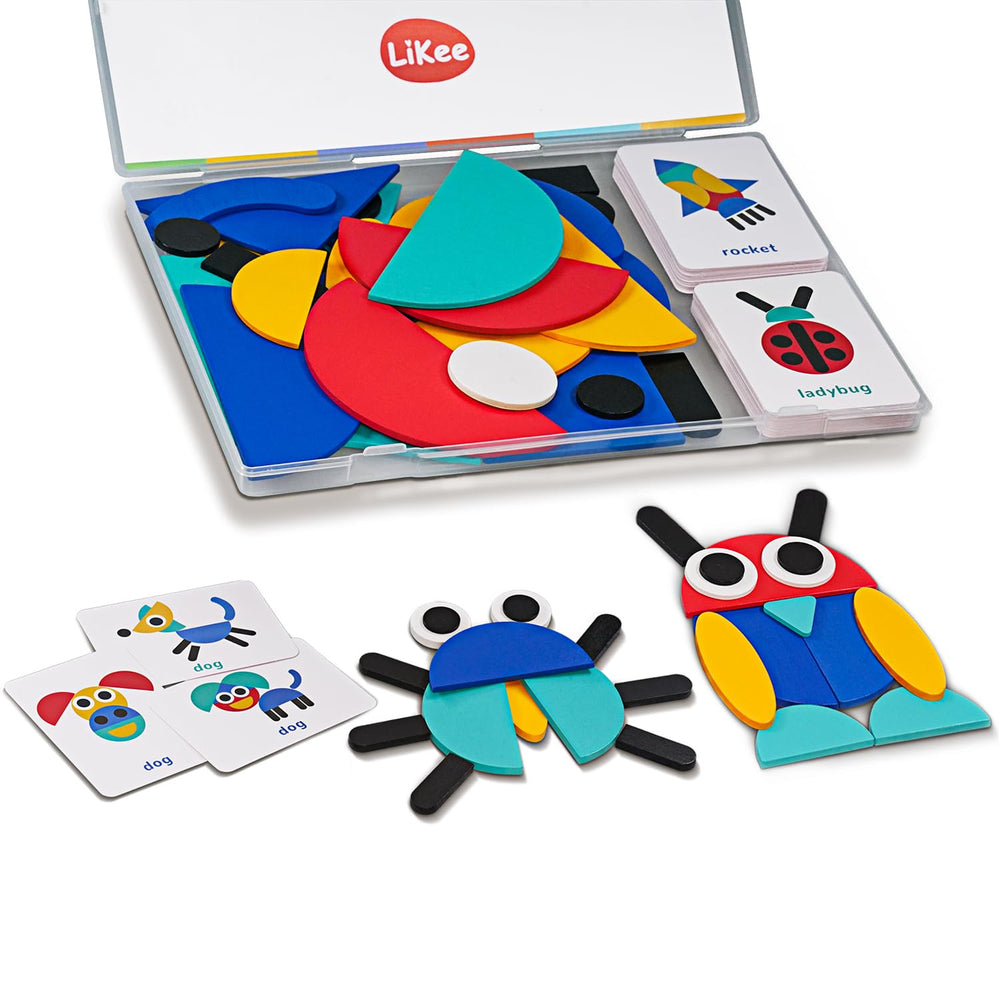 LiKee open-ended wooden shape puzzles with 36 blocks and 60 cards spark spatial thinking