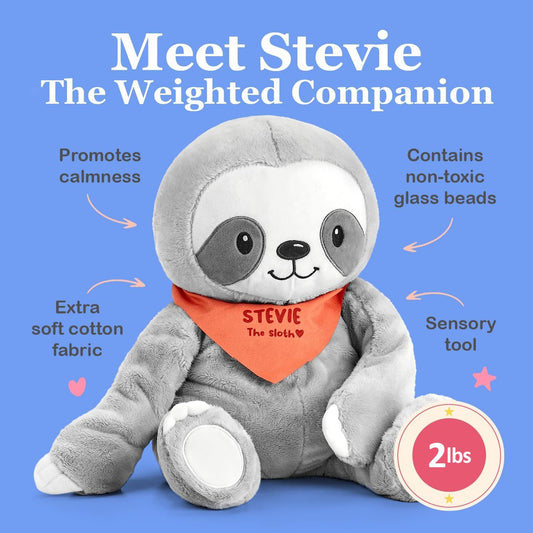 Lilly's Love Stevie the Sloth weighted plush resting on sofa for grounding relaxation