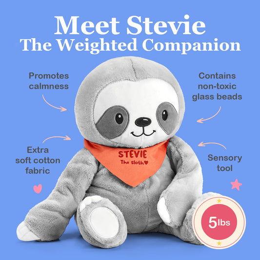 Stevie the Sloth weighted plush close-up shows soft plush fabric.