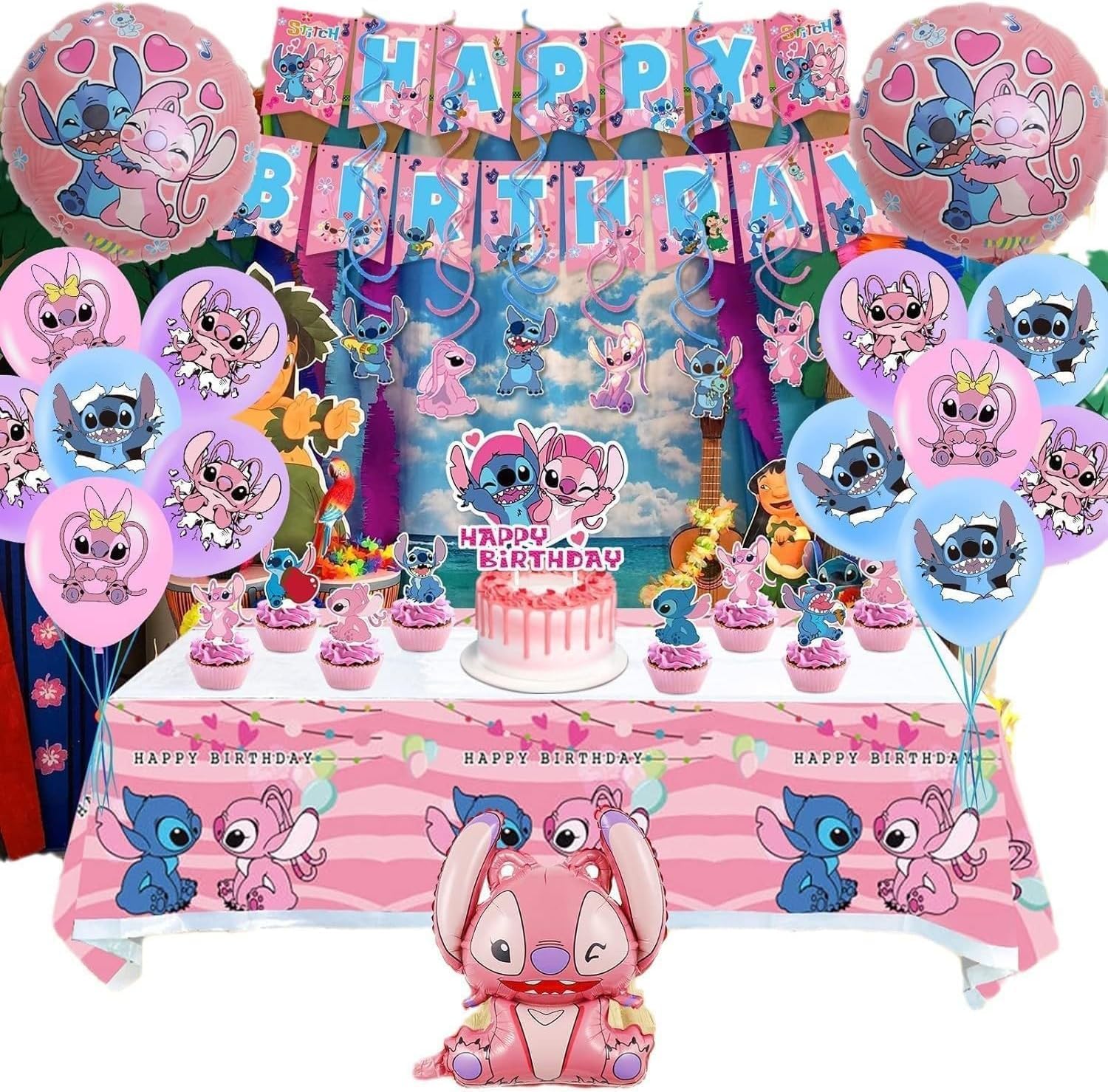 Lilo and Stitch cake toppers and tablecloth finish the party table