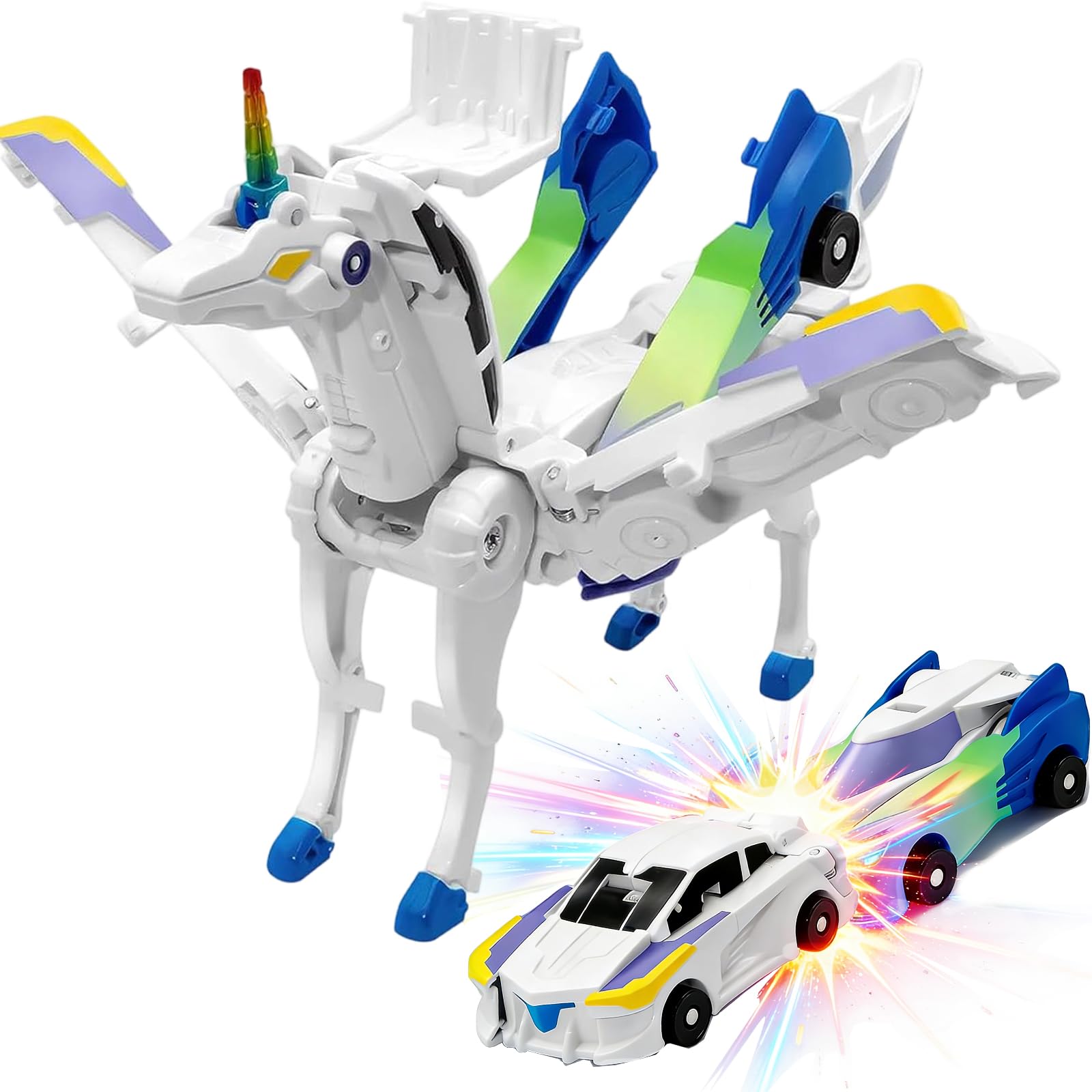 Liluwushe Unicorn Collision transforming car front view in dazzle blue for imaginative play