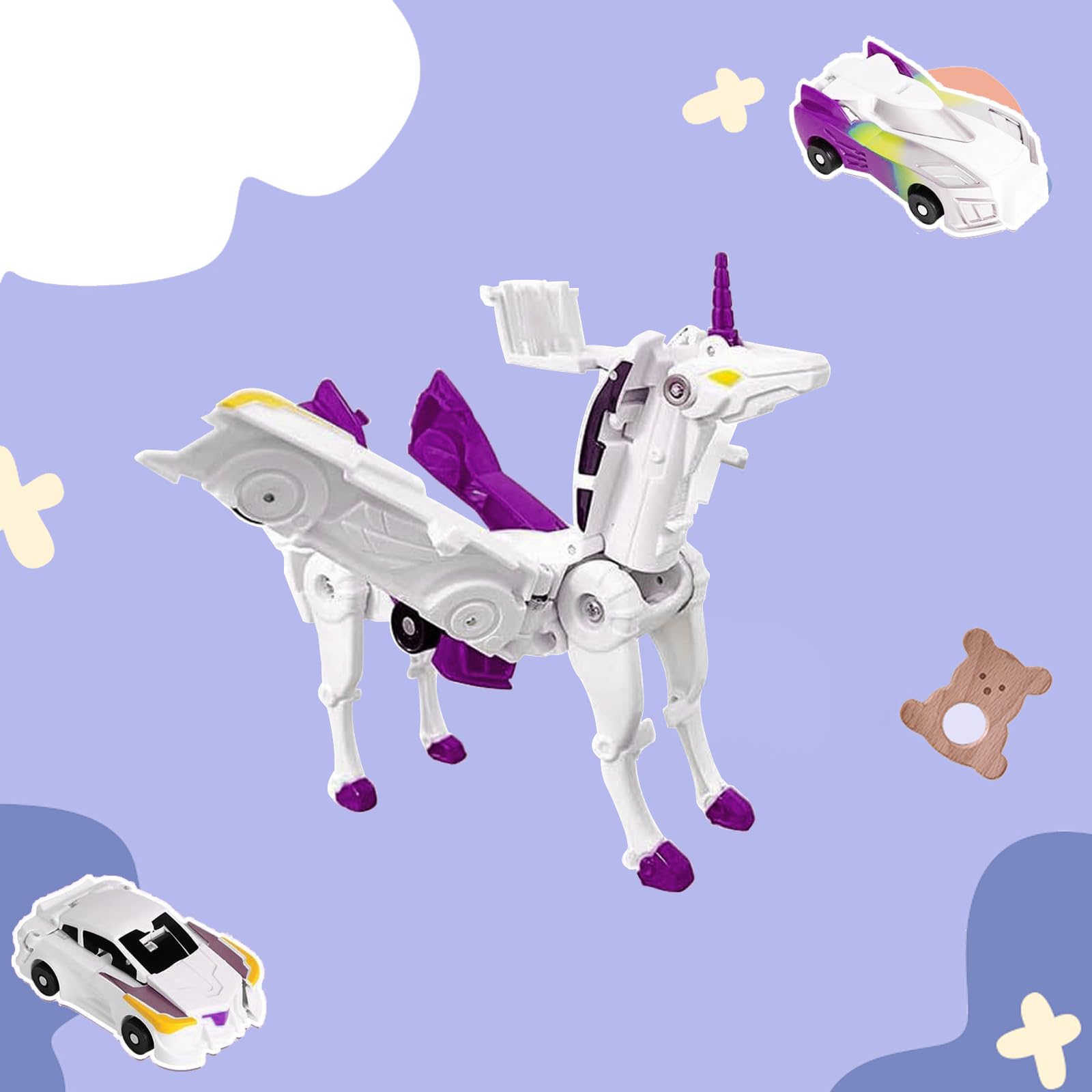 Liluwushe unicorn toy with wings highlights durable ABS build for kids' adventures.